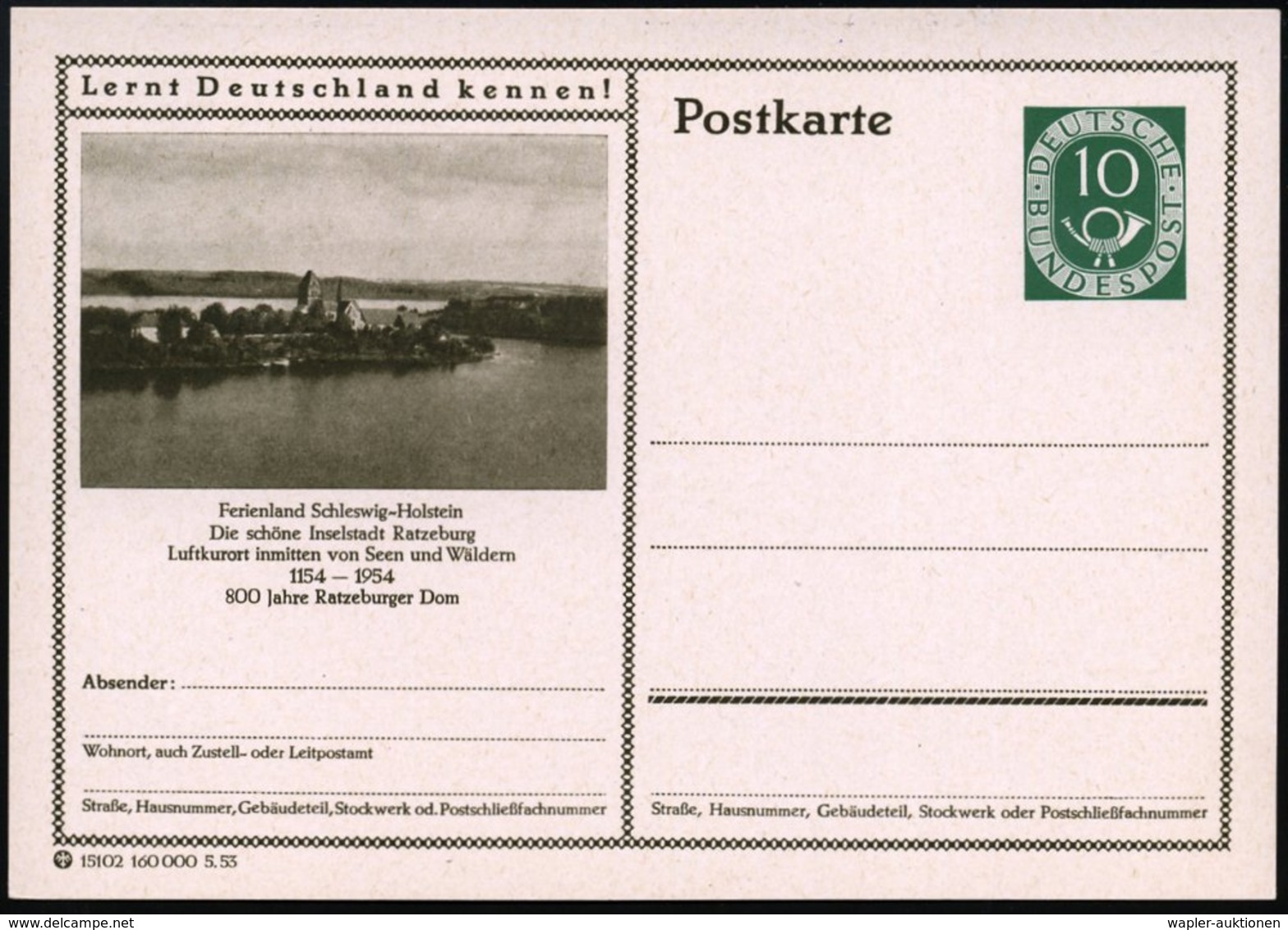 1953 Ratzeburg, 10 Pf. Bildganzsache Posthorn: 800 Jahre Ratzeburger Dom (= Gründung Heinrichs Des Löwen), Ungebr. (Mi.P - Other & Unclassified