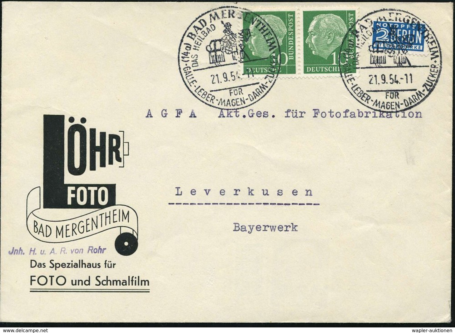 1954 (14 A) BAD MERGENTHEIM; Handwerbestempel Mit Betendem Kreuzritter Zu Pferd, Firmenbrief (Bo.6) - Ritter & Ritterord - Sonstige & Ohne Zuordnung