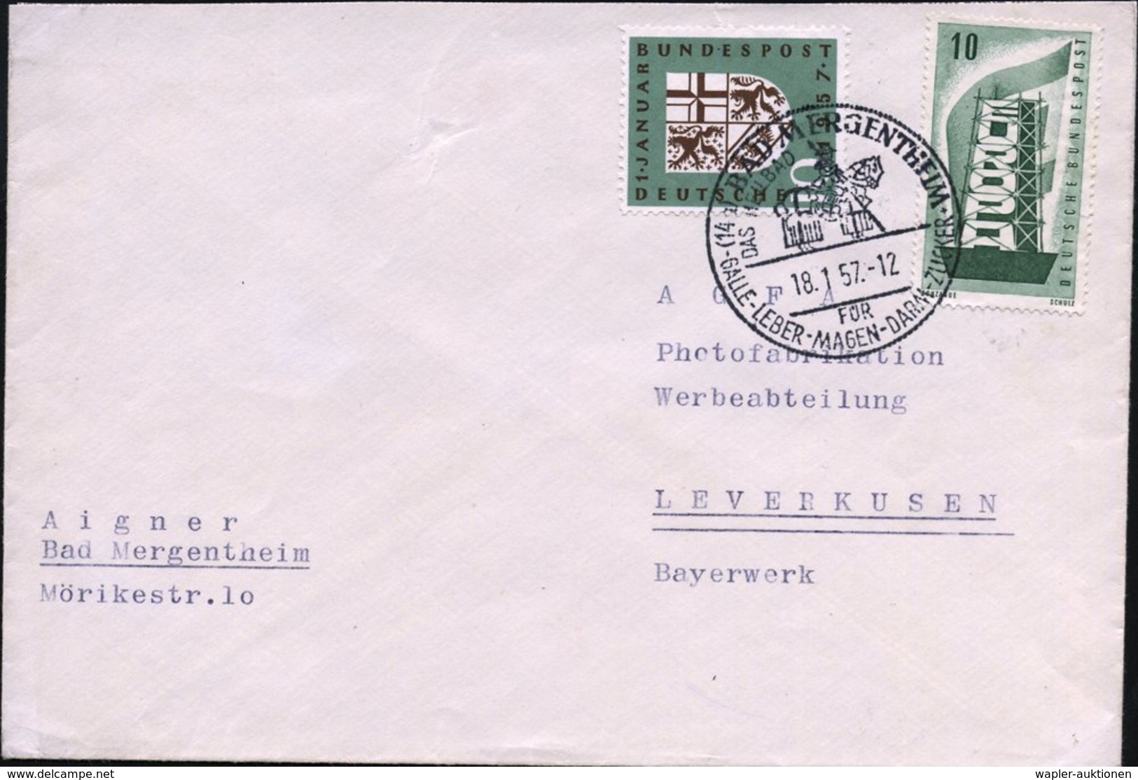 1957 (14 A) BAD MERGENTHEIM; Handwerbestempel Mit Betendem Kreuzritter Zu Pferd, Bedarfsbrief (Bo.6) - Ritter & Ritteror - Sonstige & Ohne Zuordnung