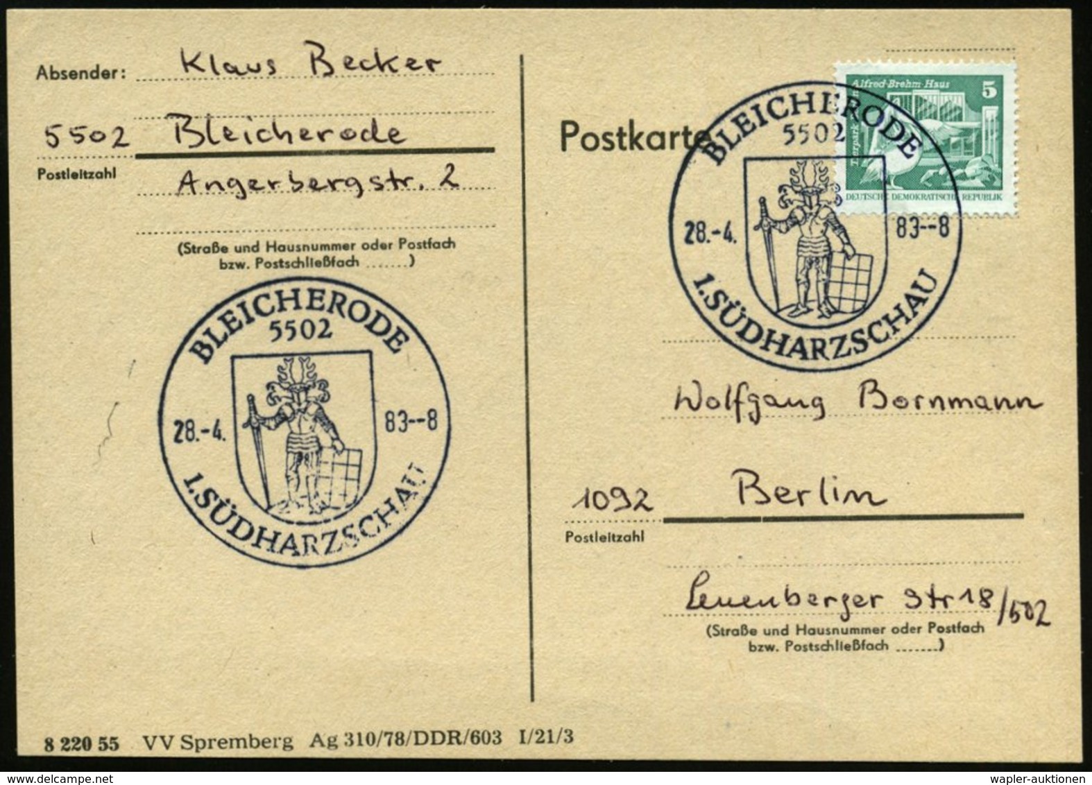 1983 (28.4.) 5502 BLEICHERODE, Sonderstempel Mit Ritter, Schild U. Bihänder, Inl.-Karte - Ritter & Ritterorden & Kreuzri - Other & Unclassified