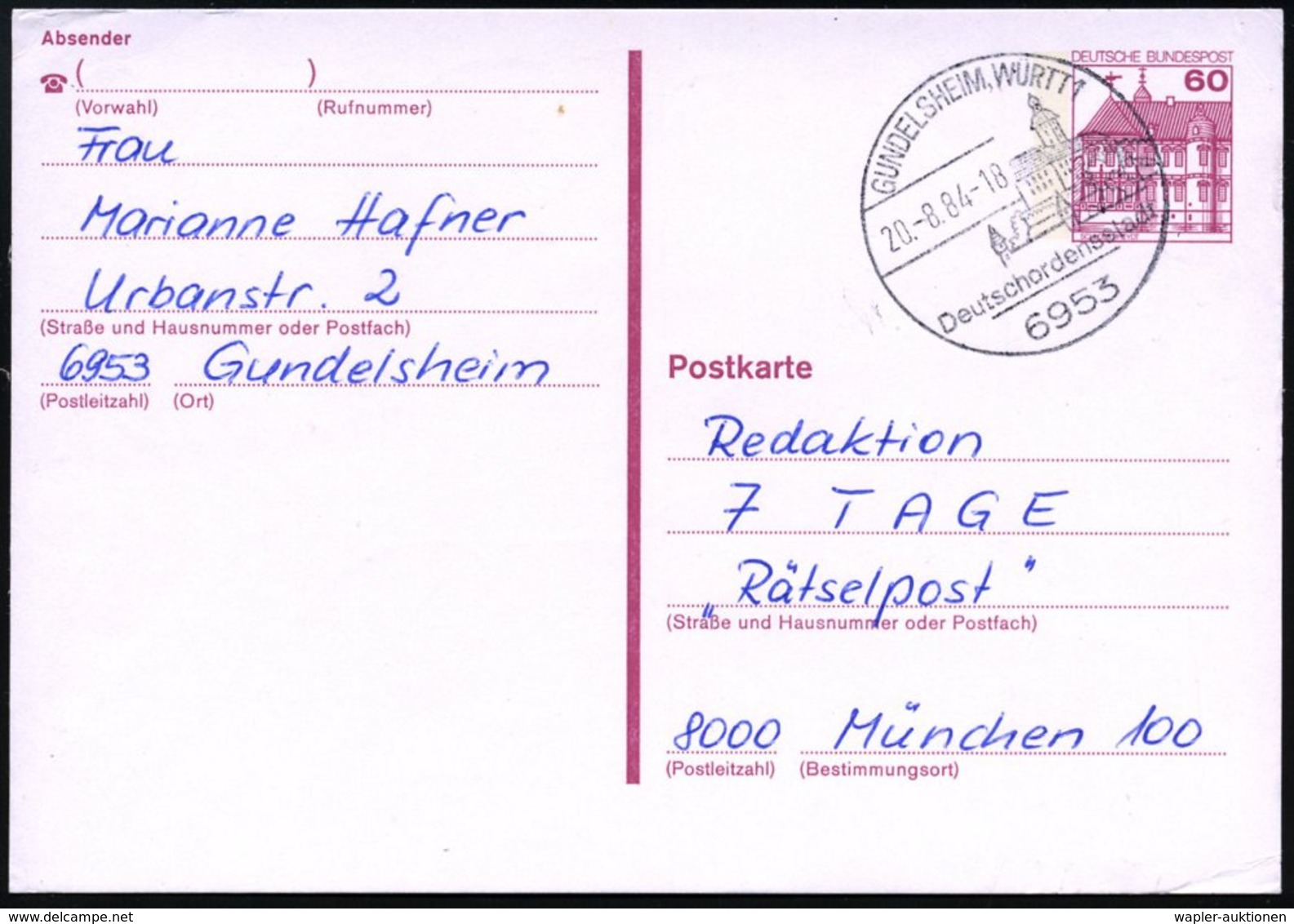 1984 6953 GUNDELSHEIM 1, Handwerbestempel Deutschordensstadt (Schloß), Bedarfskarte (Bo.7) - Ritter & Ritterorden & Kreu - Otros & Sin Clasificación