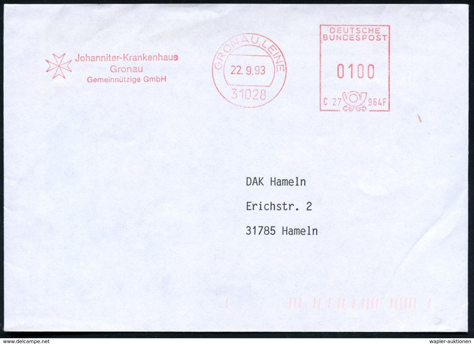 1969/2003 B.R.D., 30 Pf. Malteser Mit ET-Sonderstempel 5 KÖLN (Bf. Falte) Und Absender-Freistempel; 31028 GRONAU Johanni - Sonstige & Ohne Zuordnung