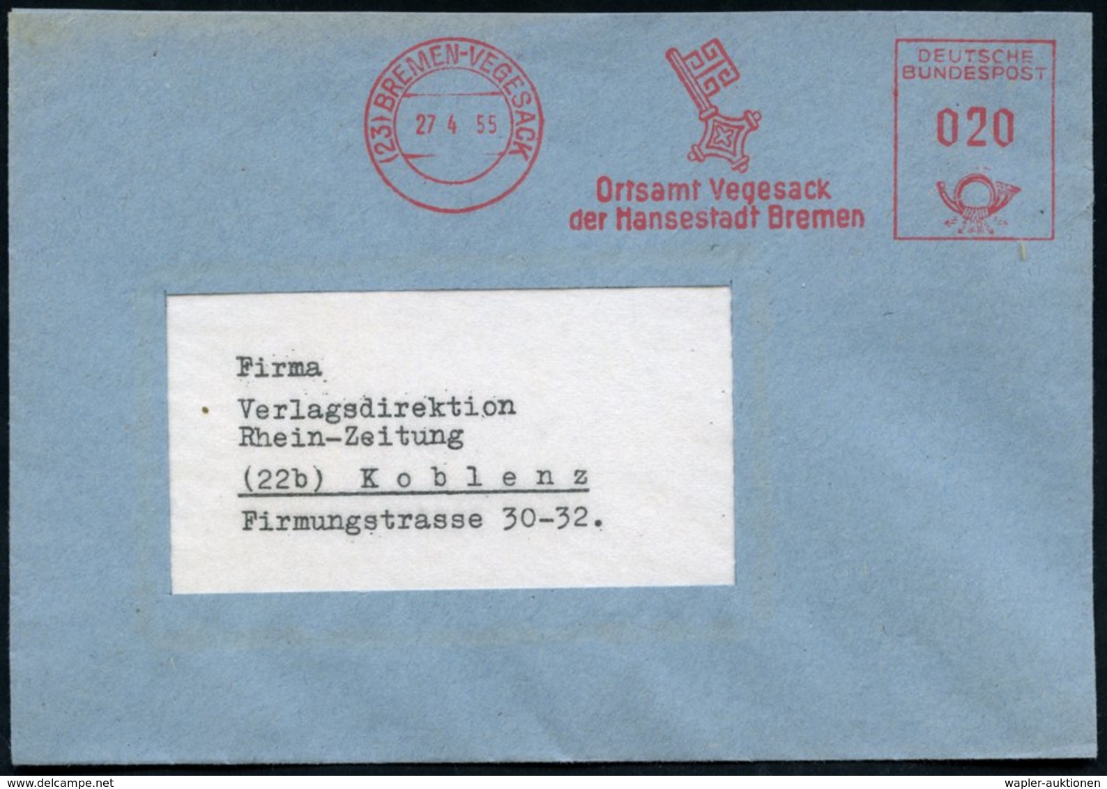 1955 (27.4.) (23) BREMEN-VEGESACK, Kommunaler Absender-Freistempel: Ortsamt Vegesack Der Hansestadt Bremen (Schlüssel =  - Other & Unclassified