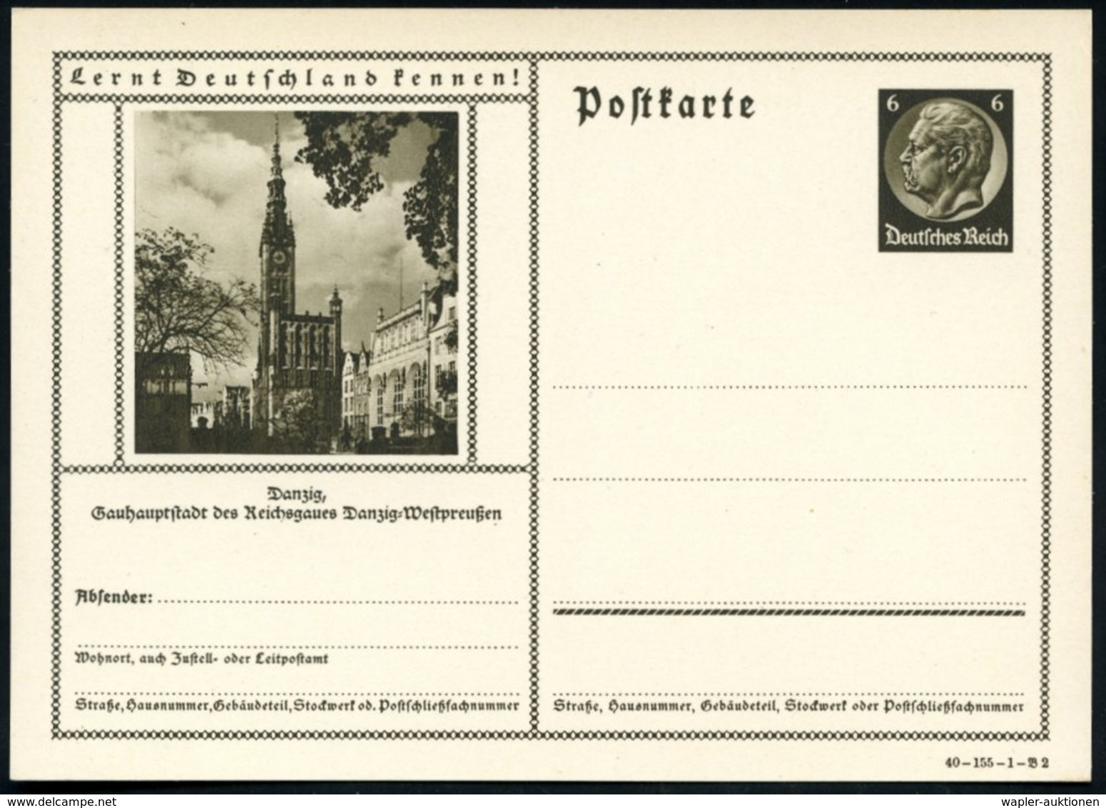 1940 Danzig, 6 Pf. Bildganzsache Hindenbg.: Rathaus Mit Uhrturm, Ungebr. (Mi.P 236/40-135-1-Bild 2) - Hanse & Hansestädt - Other & Unclassified