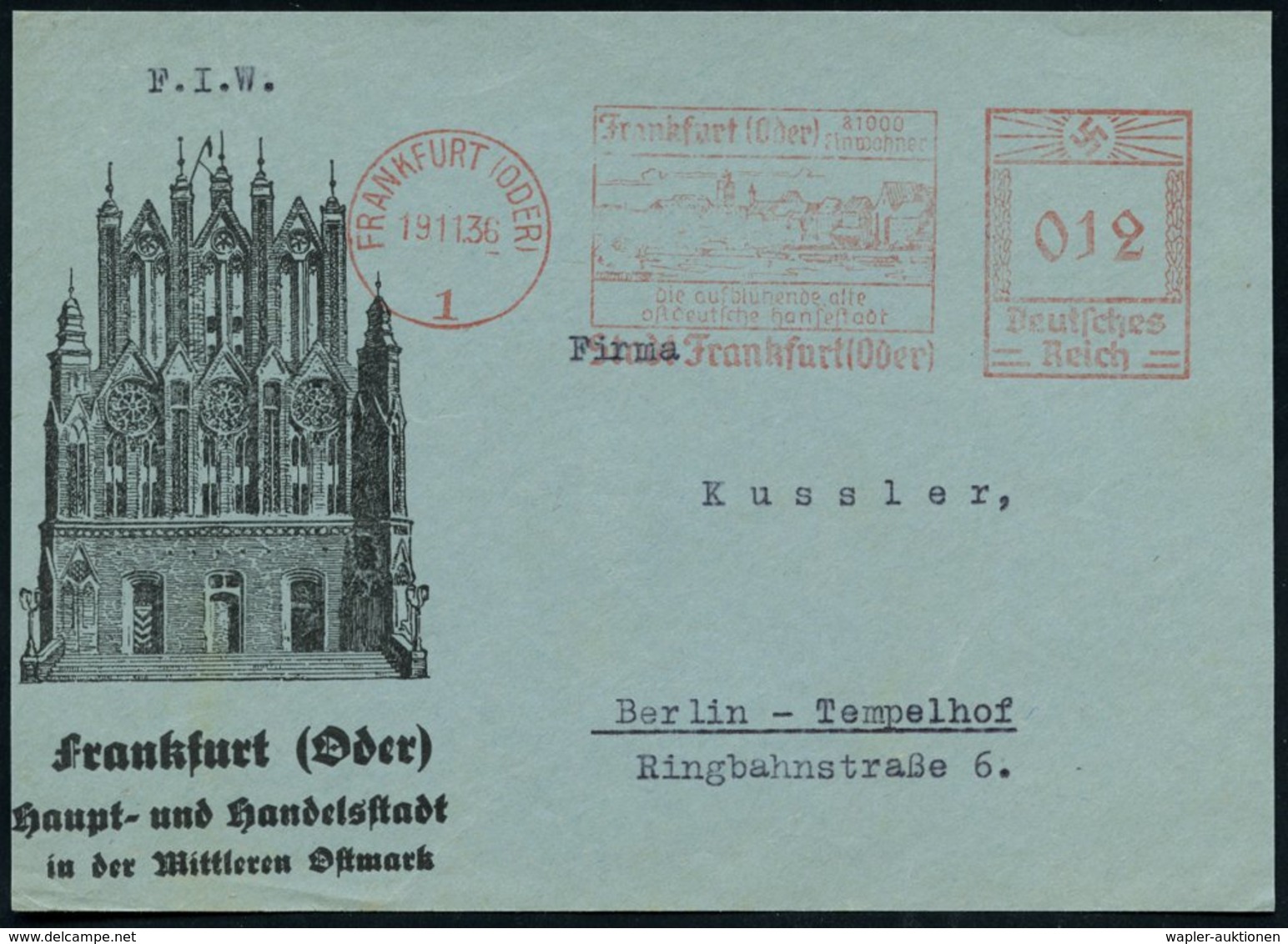 1936 (19.11.) FRANKFURT (ODER) 1, Kommunaler Absender-Freistempel: ...ostdeutsche Hansestadt (Ortsbild), Reklame-Vorders - Other & Unclassified