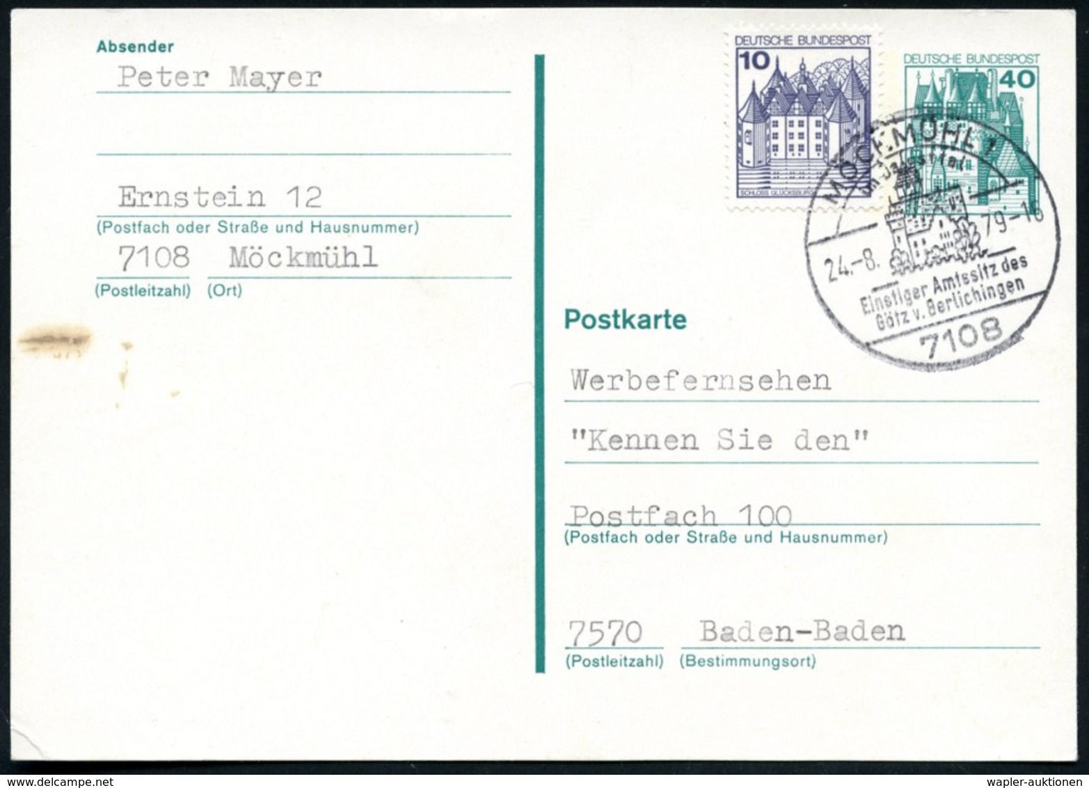 1979 (24.8.) 7108 MÖCKMÜHL 1, Handwerbestempel Mit Burg Des Götz V. Berlichingen, Bedarfskarte (Bo.4) - Hussiten- & Baue - Sonstige & Ohne Zuordnung