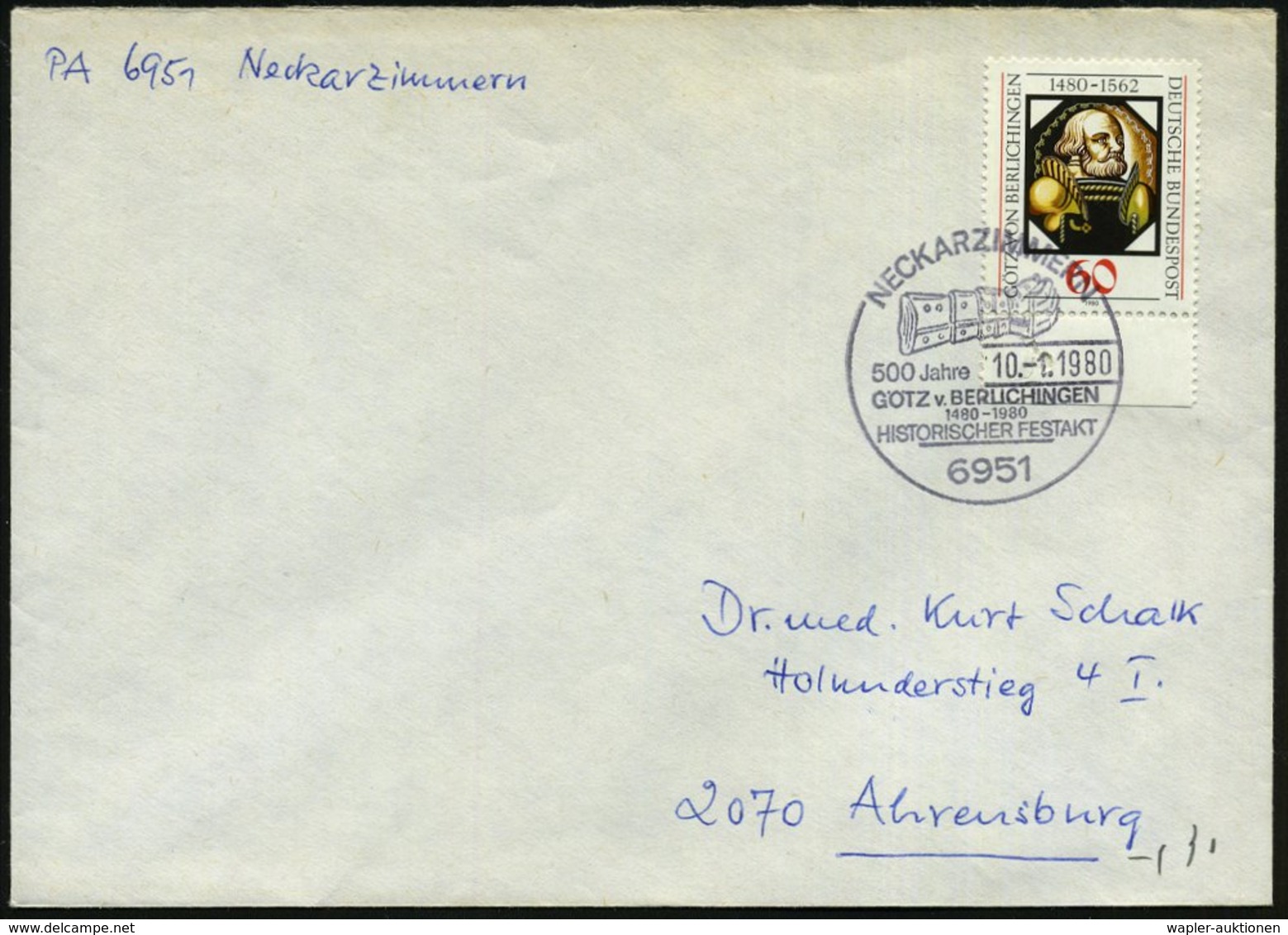 1980 (10.1.) 6951 NECKARZIMMERN, 60 Pf. "500. Geburtsjahr Götz V. Berlichingen" (Mi.1036 EF) + Passender Sonderstempel = - Andere & Zonder Classificatie