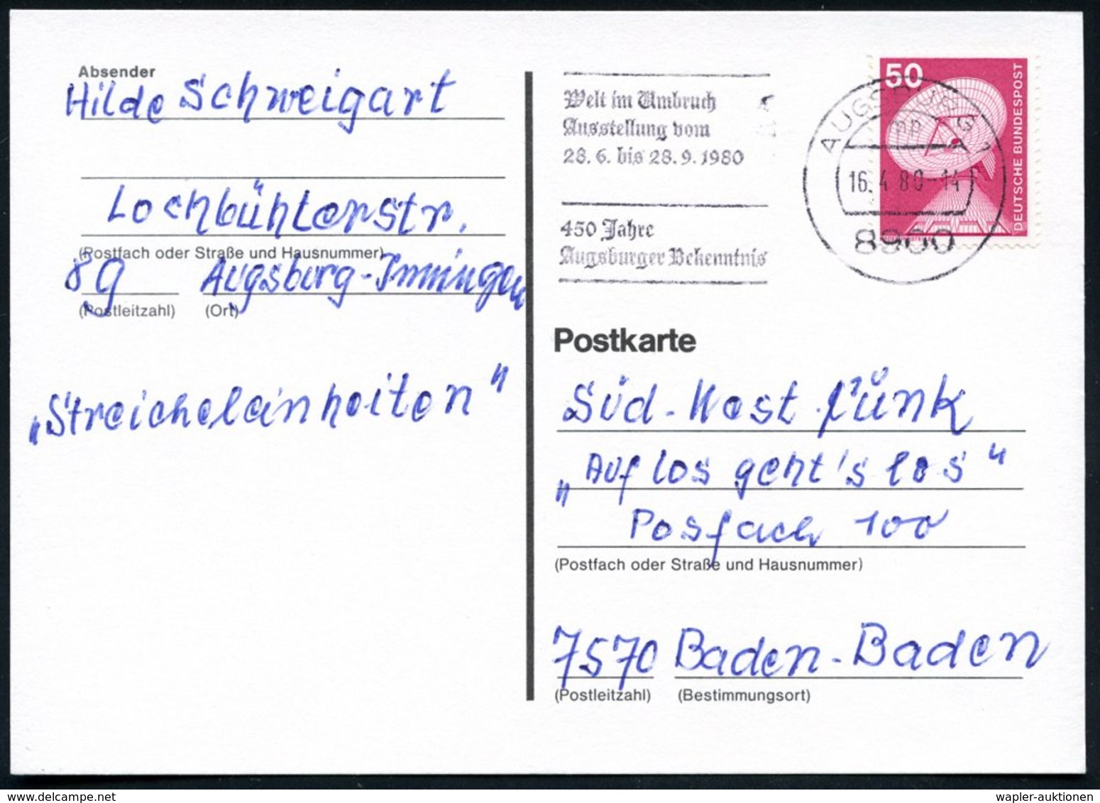 1980 (Apr) 8900 AUGSBURG 1, Maschinen-Werbestempel "450 Jahre Augsburger Bekenntnis", Bedarfskarte (Bo.121 A) - Reformat - Other & Unclassified