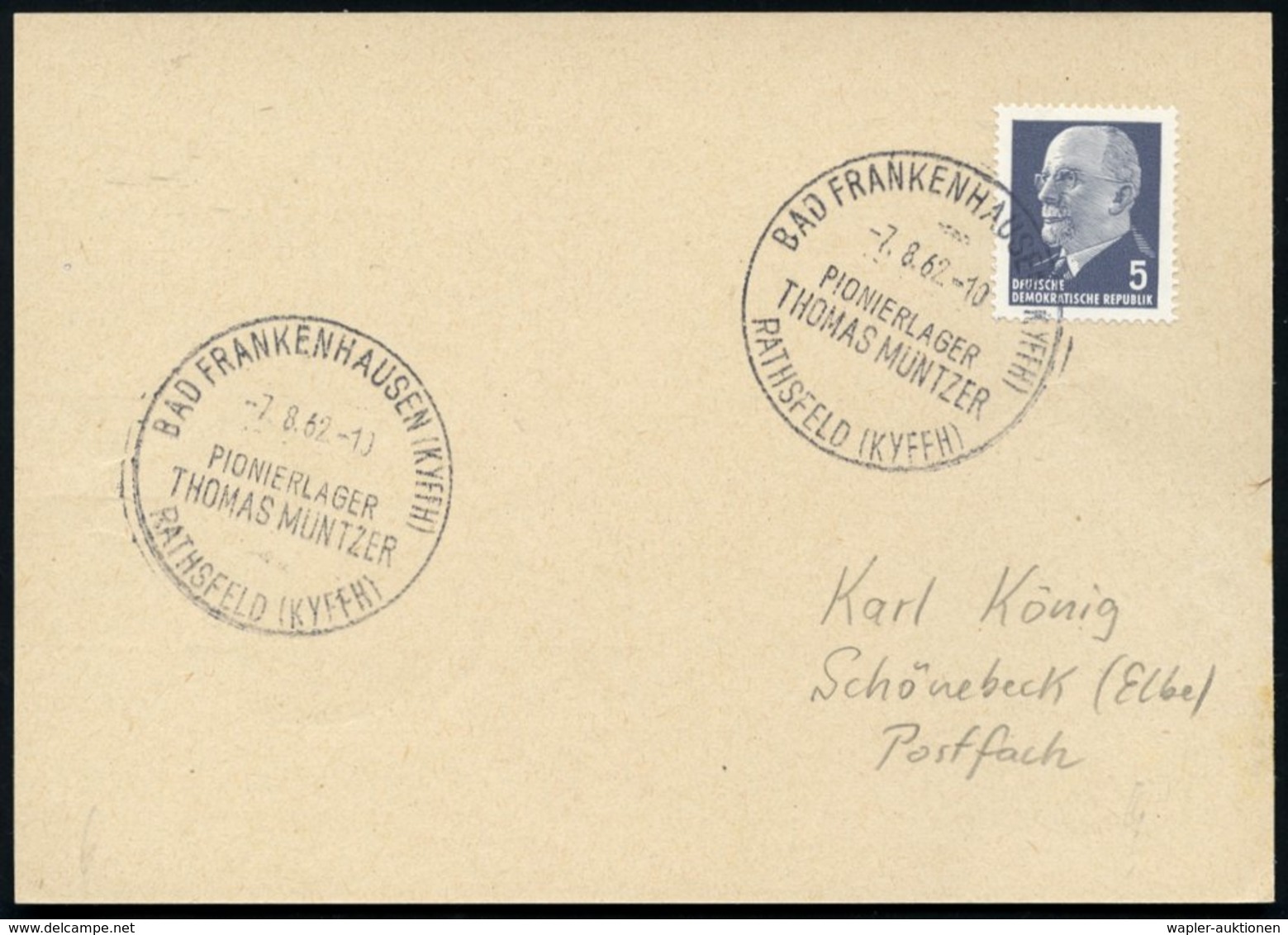 1962 (7.8.) BAD FRANKENHAUSEN, Sonderstempel Pionierlager Thomas Müntzer, Inl.-Karte (Bo.9) - Reformation & Reformatoren - Other & Unclassified