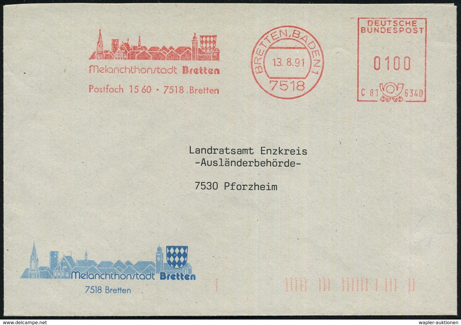 1991 (13.8.) 7518 BRETTEN 1, Absender-Freistempel Melanchtonstadt (Stadtsilhouette) Motivgleicer Kommunalbrief - Reforma - Other & Unclassified