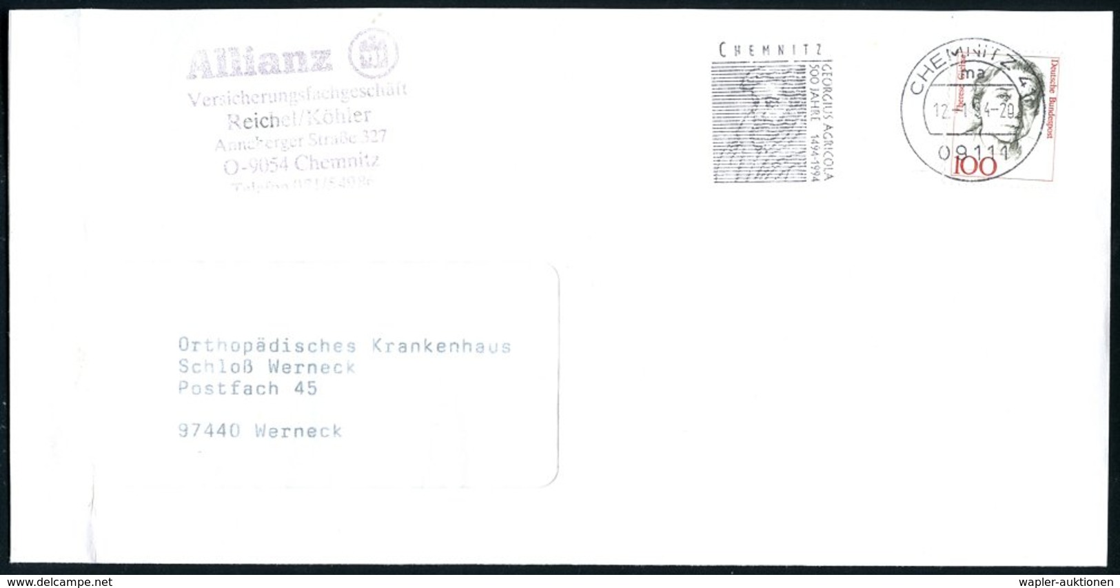 1994 09111 CHEMNITZ 4, Maschinen-Werbestempel 500 JAHRE GEORGIUS AGRICOLA (Brustbild), Firmenbrief - Reformation & Refor - Other & Unclassified