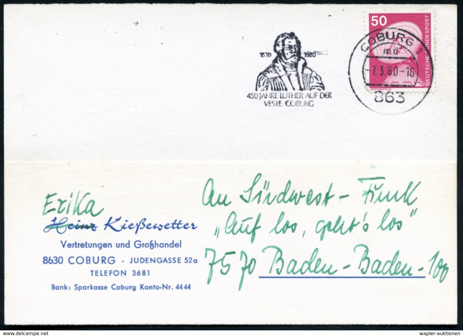 1980 863 COBURG 1, Maschinen-Werbestempel "450 JAHRE LUTHER AUF DER VESTE COBURG" (Brustbild), Bedarfskarte (Bo.37 A , N - Autres & Non Classés