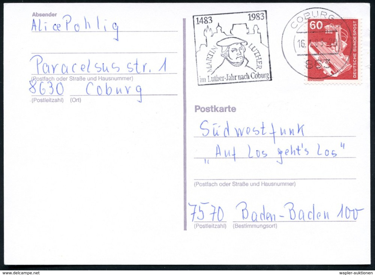 1983 863 COBURG 1, Maschinen-Werbestempel "1483 1983 Lutherjahr" (Luther Vor Veste Coburg), Bedarf - Reformation & Refor - Other & Unclassified
