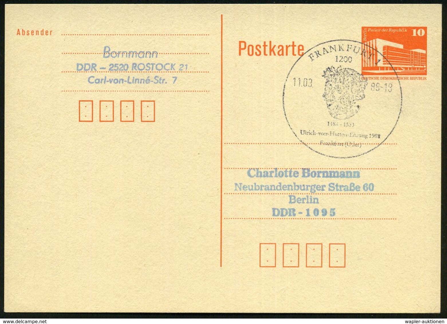 1988 (11.3.) 1200 FRANKFURT (ODER) 1, Sonderstempel: Ulrich Von Hutten-Ehrng (Kopfbild), Inl.-Karte - Reformation & Refo - Other & Unclassified