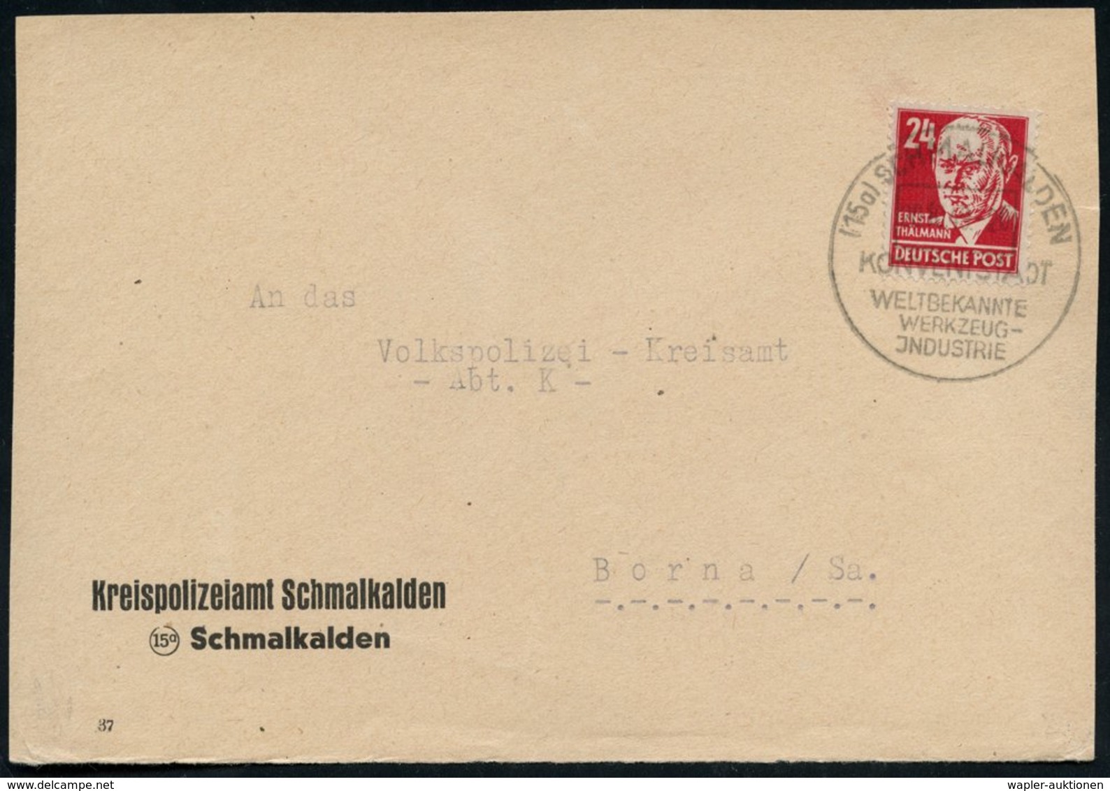 1949 (20.10.) (15 A) SCHALKALDEN, Handwerbestempel KONVENTSTADT (= Stadt Des Schmalkaldischen Bundes), Dienst-Vorderseit - Other & Unclassified