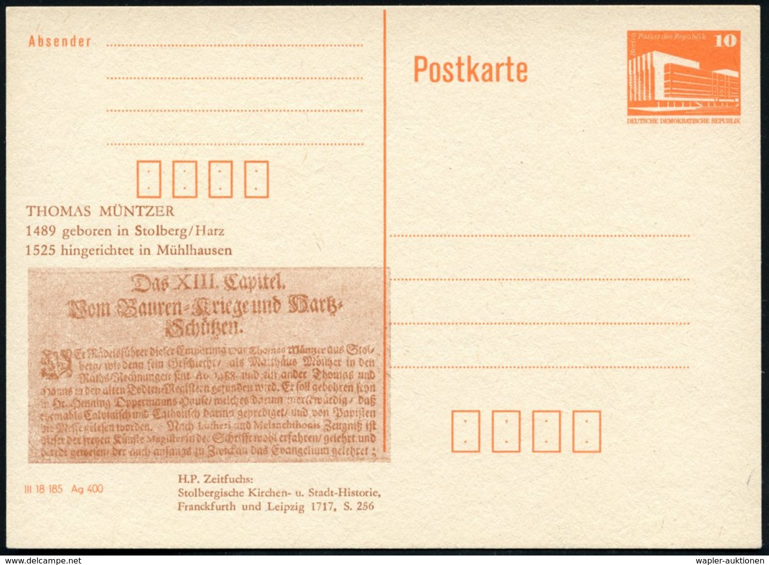 1989 Stolberg /  Mühlhausen, Amtl. Ganzsache 10 Pf. PdR, Organge + Amtl. Zudruck: Thomas Müntzer "Vom Bauernkriege.." (T - Other & Unclassified