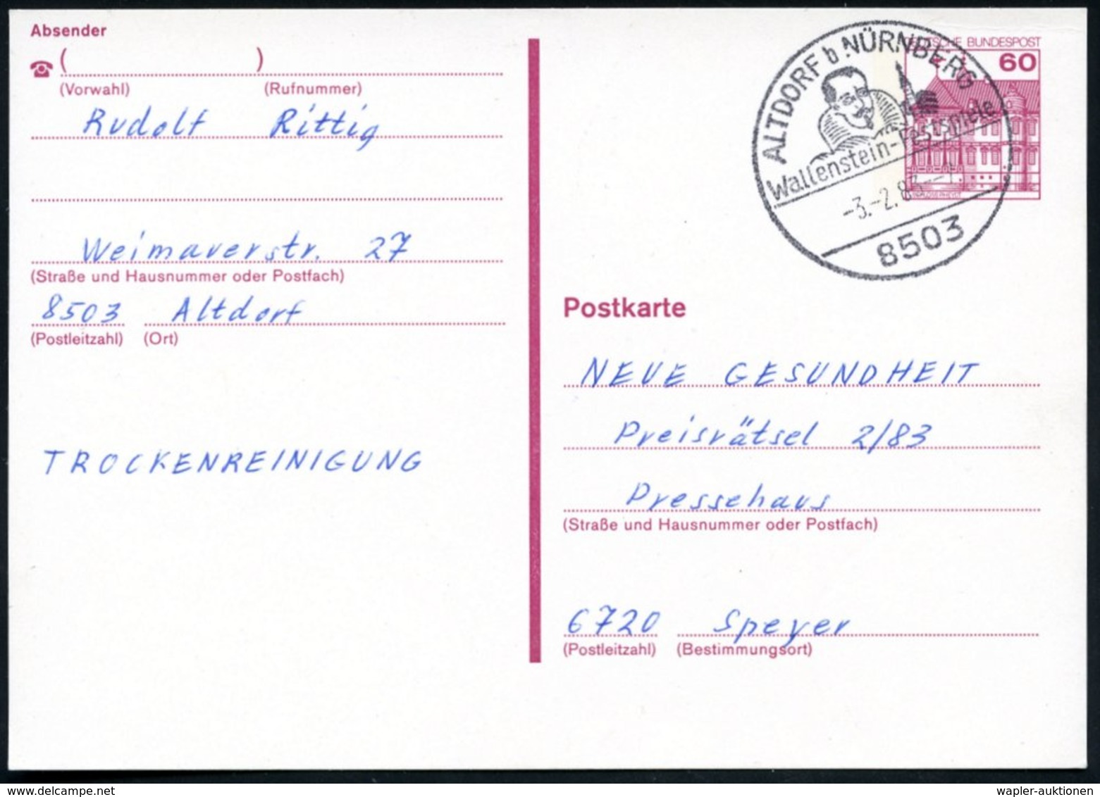 1983 8503 ALTDORF B NÜRNBERG, Handwerbestempel Wallenstein-Festspiele (Wallenstein), Bedarfskarte (Bo.3 , Type II "b" Oh - Other & Unclassified