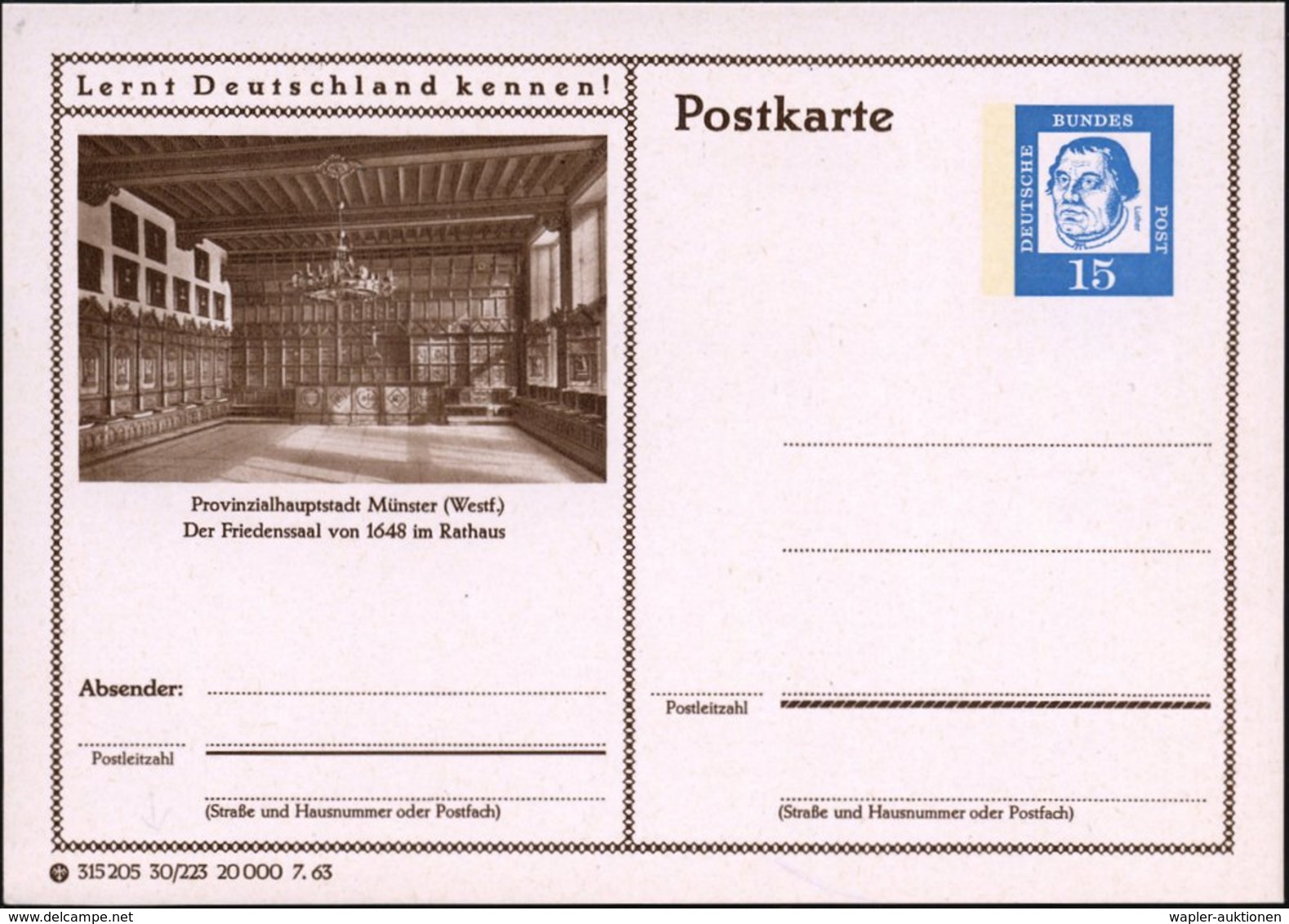 1963/64 Münster (Westf), 15 Pf. Bild-Ganzsache Luther: Der Friedenssaal Von 1648 Im Rathaus (Ausgabe 1963 U. 1964),, Je  - Other & Unclassified