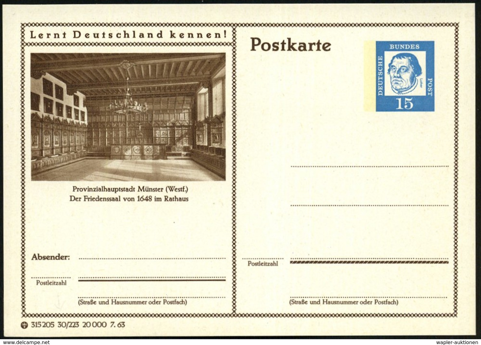 1963/64 Münster (Westf), 15 Pf. Bild-Ganzsache Luther: Der Friedenssaal Von 1648 Im Rathaus (Ausgabe 1963 U. 1964),, Je  - Sonstige & Ohne Zuordnung