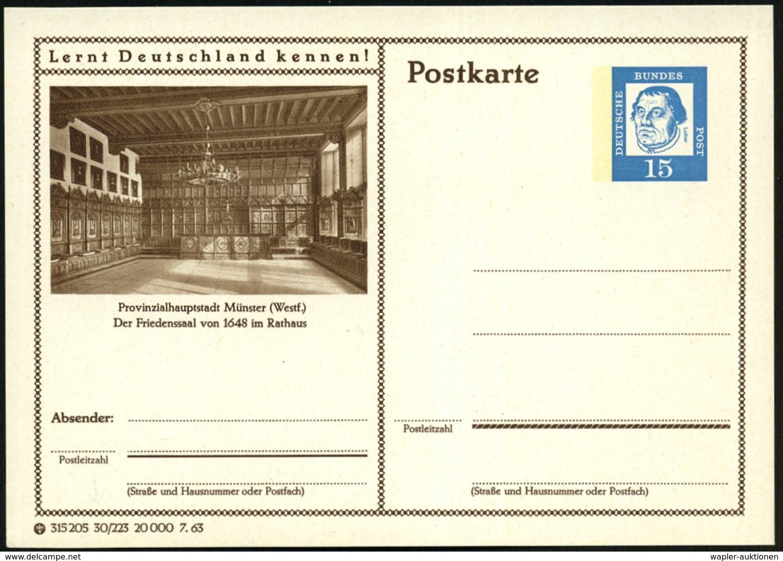 1963/64 Münster (Westf), 15 Pf. Bild-Ganzsache Luther: Der Friedenssaal Von 1648 Im Rathaus (Ausgabe 1963 U. 1964),, Je  - Other & Unclassified