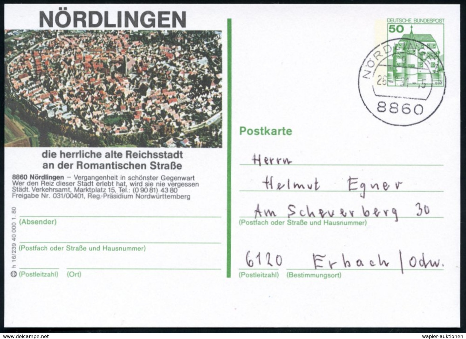 1981 8860 Nördlingen, 50 Pf. Bild-Ganzsache Burgen: Reichsstadt Mit Festungsgürtel (Schlacht 1634, Sieg Der Kaiserl. Tru - Sonstige & Ohne Zuordnung