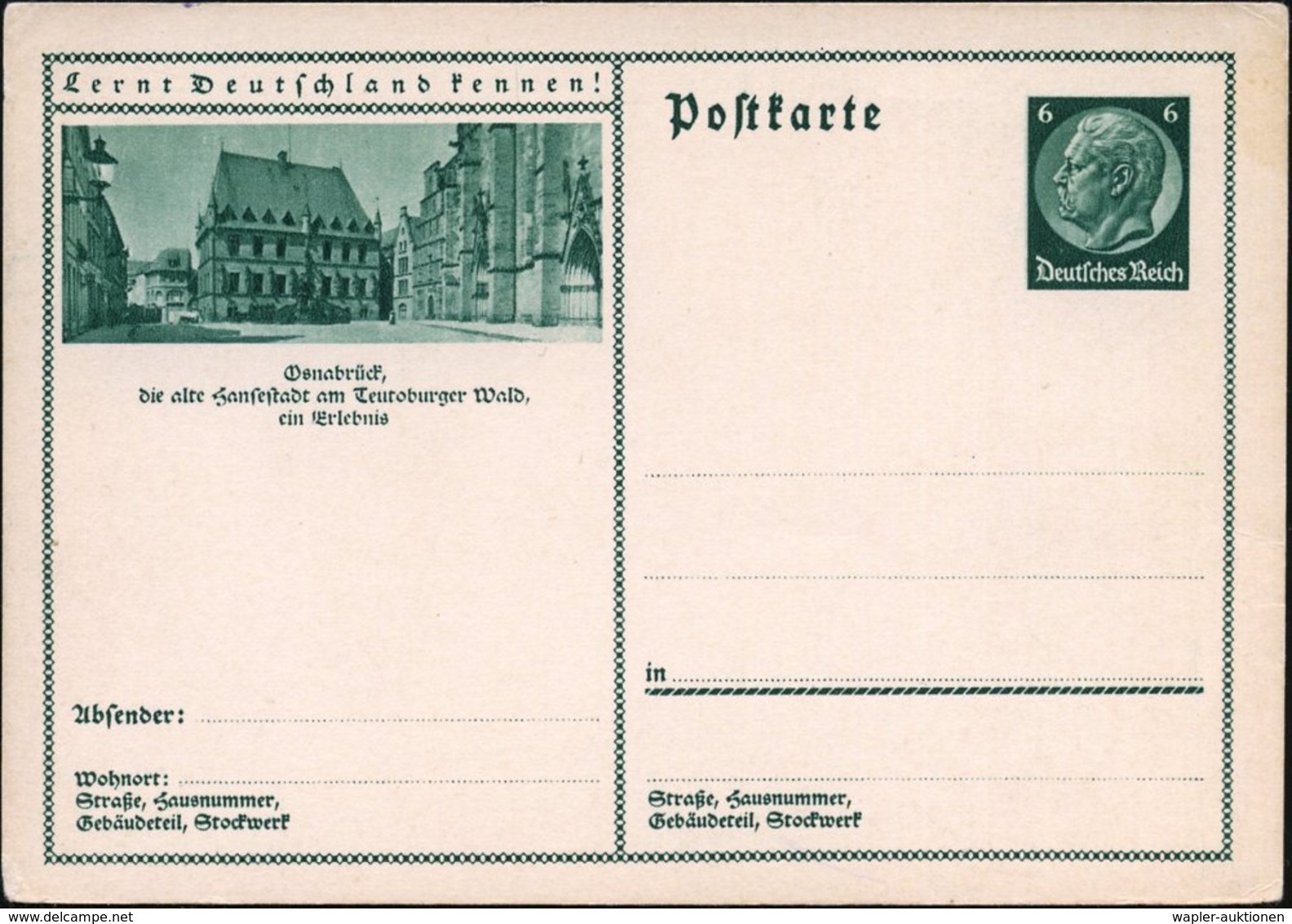 1934 Osnabrück, 6 Pf. Bild-Ganzsache Hindenbg., Grün: Hansestadt.. Rathaus Des Westfälischen Friedens, Ungebr. (Mi.P 232 - Sonstige & Ohne Zuordnung