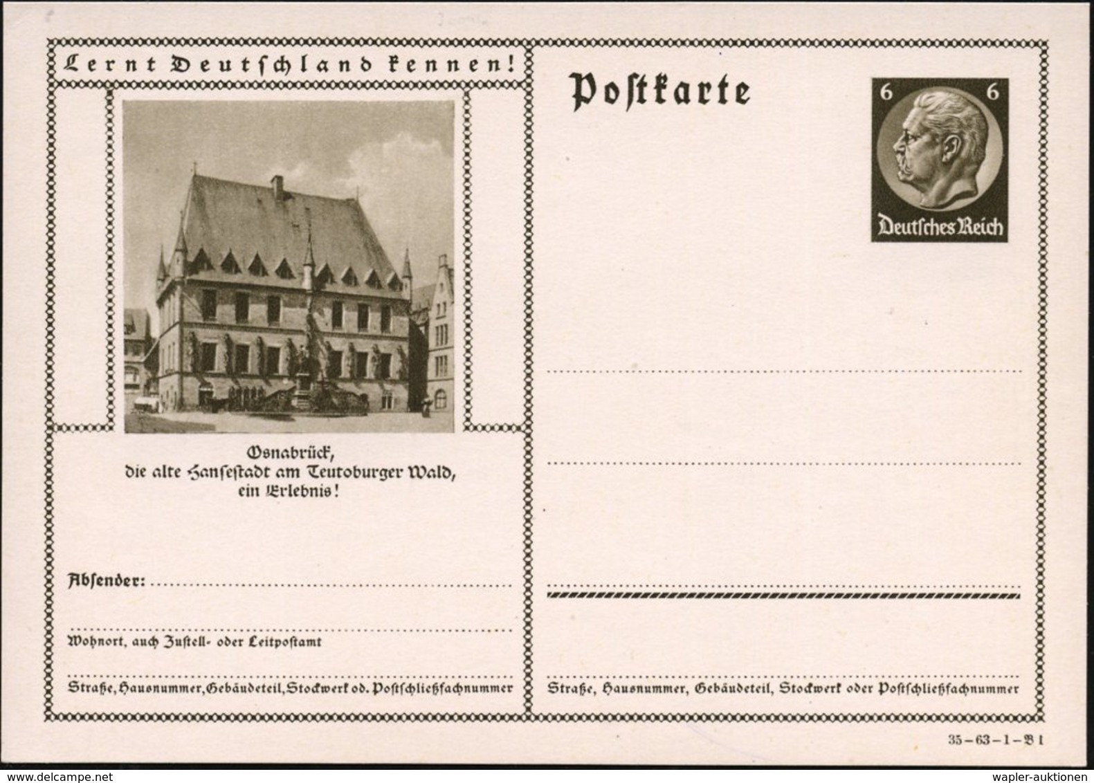 1934 Osnabrück, 6 Pf. Bild-Ganzsache Hindenbg., Grün: Hansestadt.. Rathaus Des Westfälischen Friedens, Ungebr. (Mi.P 236 - Other & Unclassified