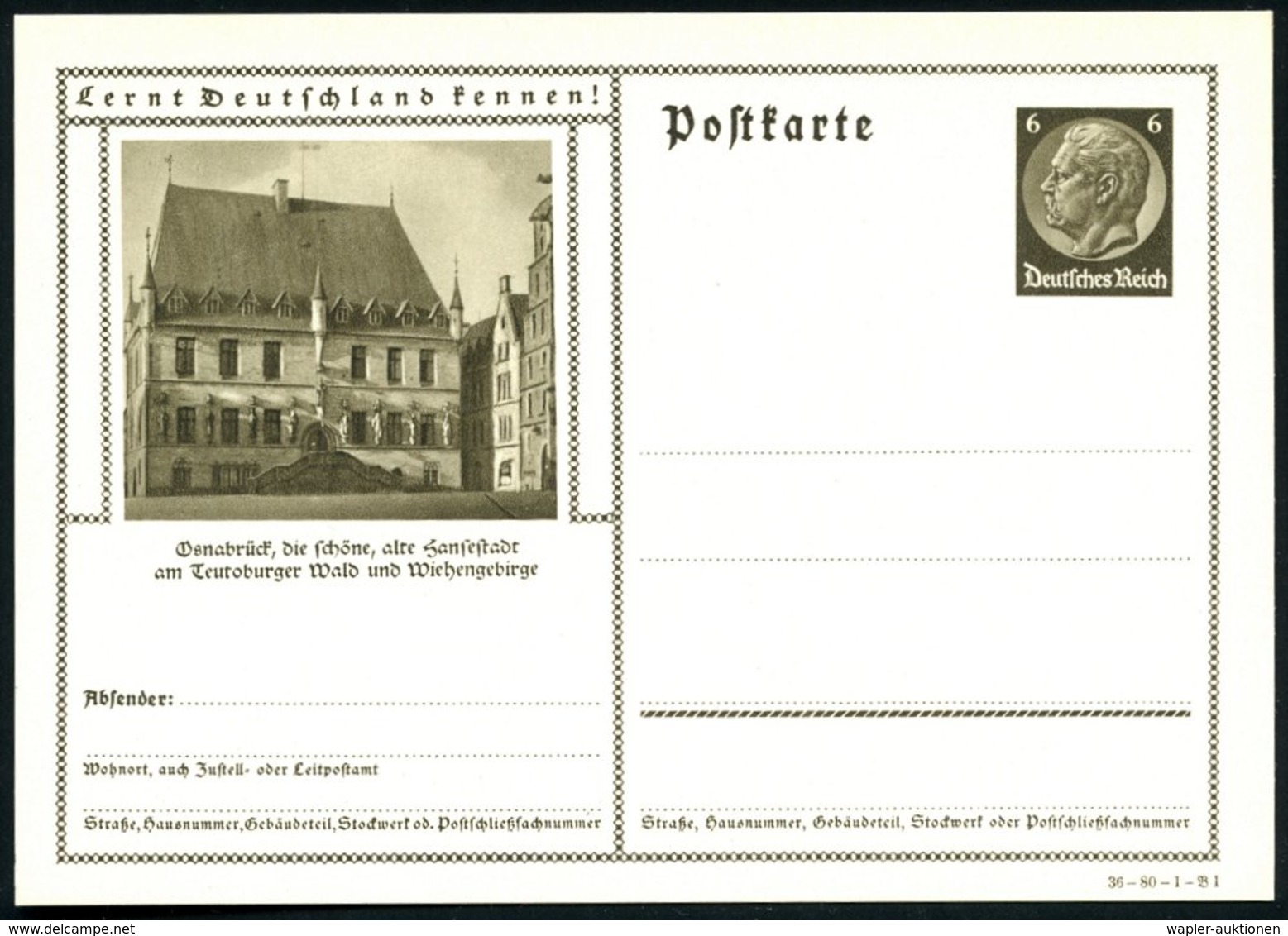 1934 Osnabrück, 6 Pf. Bild-Ganzsache Hindenbg., Braun: Hansestadt.. Rathaus Des Westfälischen Friedens, Ungebr. (Mi.P 23 - Other & Unclassified