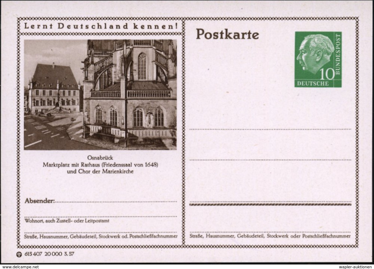 1957/58 Osnabrück, 10 Pf. Bild-Ganzsache Heuss I: Marktplatz Mit Rathaus Des Westfäl. Friedens U. Marienkirche (2 Varian - Other & Unclassified