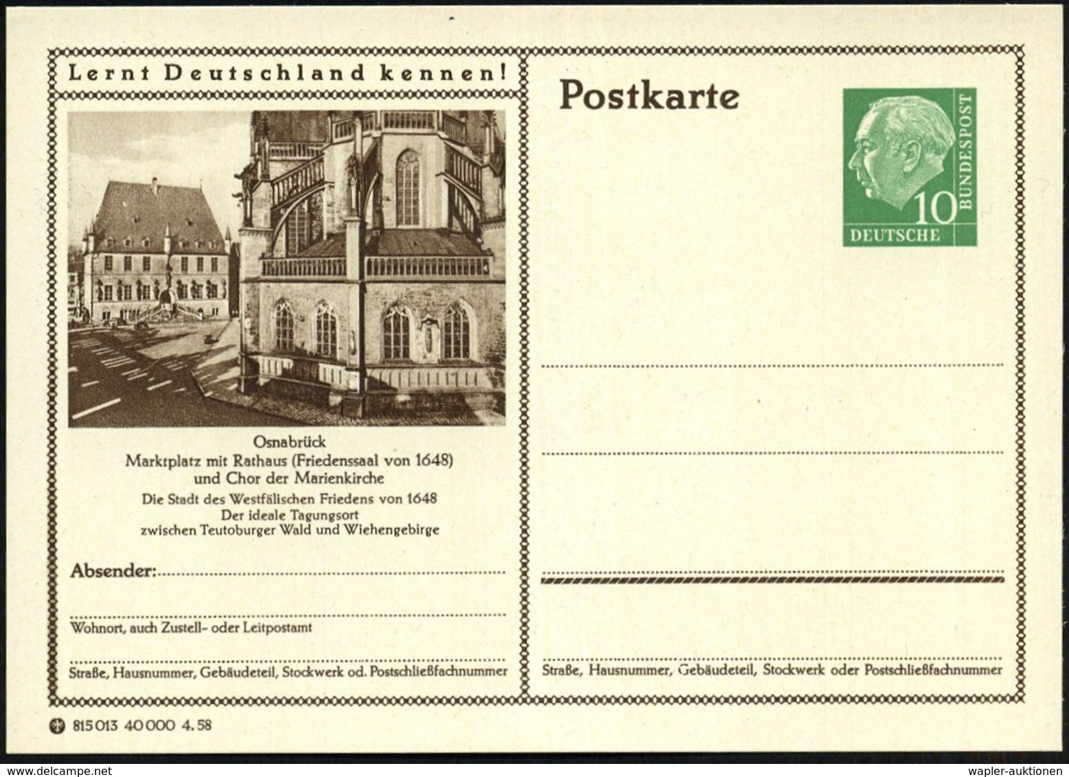 1957/58 Osnabrück, 10 Pf. Bild-Ganzsache Heuss I: Marktplatz Mit Rathaus Des Westfäl. Friedens U. Marienkirche (2 Varian - Other & Unclassified