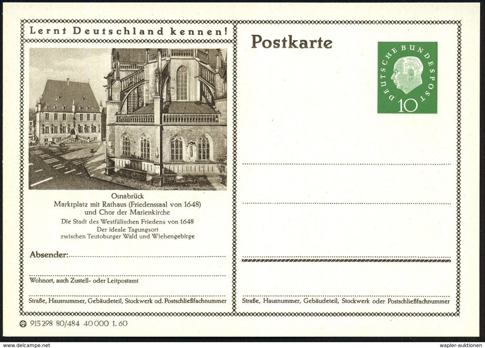 1960 Osnabrück, 10 Pf. Bild-Ganzsache Heuss III: Marktplatz Mit Rathaus Des Westfäl. Friedens U. Marienkirche (2 Variant - Other & Unclassified