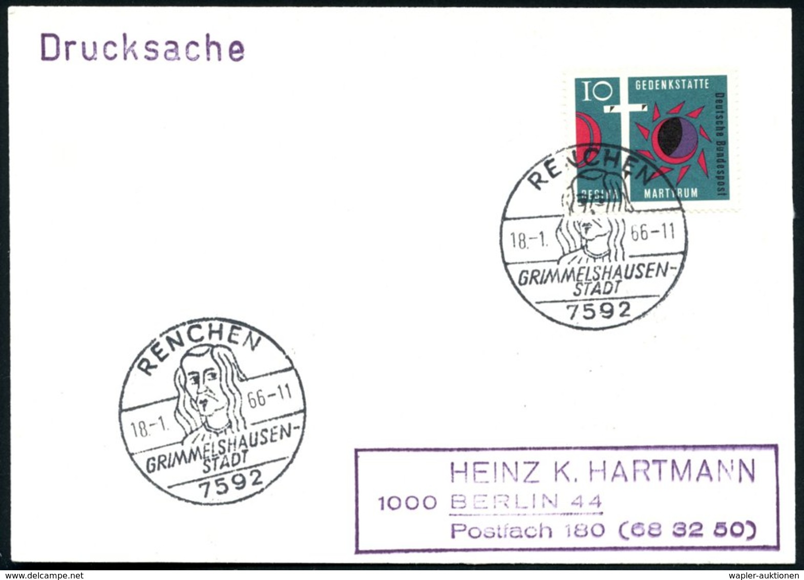 1966 (18.1.) 7592 RENCHEN, Handwerbestempel Mit Kopfbild Grimmelshausen (Autor Des Berühmten, Zeitgenössischen Romans üb - Other & Unclassified