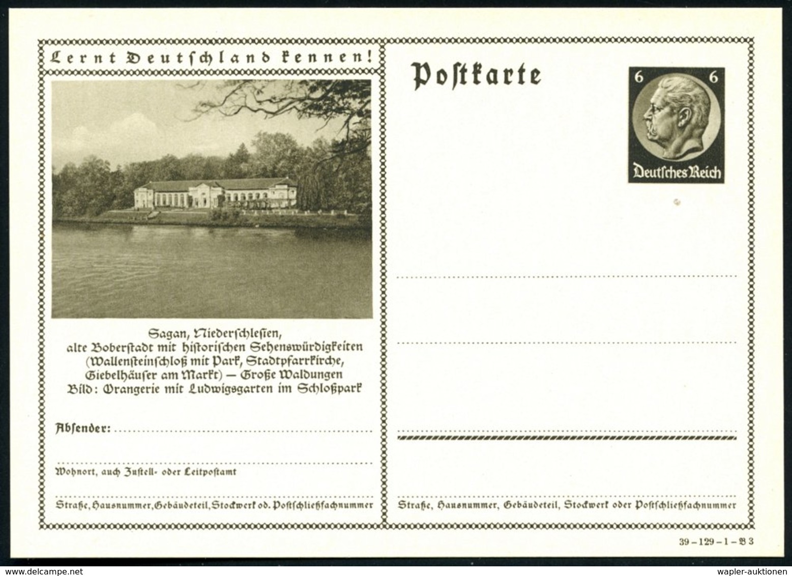 1939 Sagan (Niederschlesien), 6 Pf. Bildganzsache Hindenbg.: Wallensteinschloß, Ungebr. (Mi.P 236/39-129-1-Bild 3) - 30j - Other & Unclassified