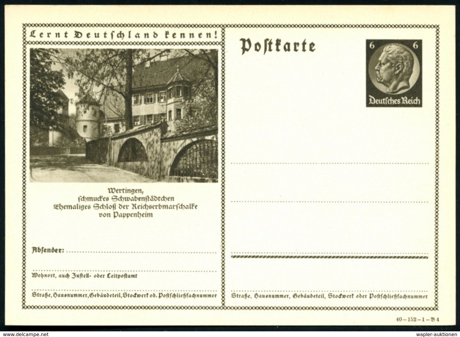 1940 Wertingen, 6 Pf. Bildganzsache Hindenbg.: Schloß Des Reichsmarschalls Von Pappenheim, Gottfried Heinr. Von Pappenhe - Other & Unclassified