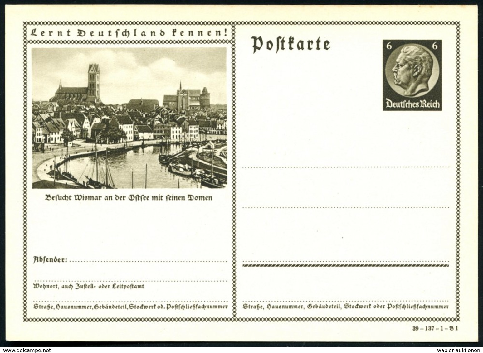 1939 Wismar, 6 Pf. Bildganzsache Hindenbg.: Stadtbild Mit Domen = Hansestadt U. Schauplatz Im 30jähr. Krieg, Ungebr. (Mi - Sonstige & Ohne Zuordnung