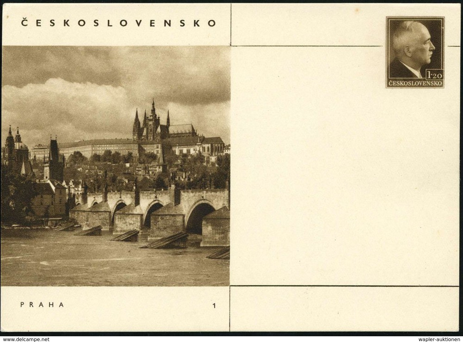 1947 TSCHECHOSLOWAKEI, 1,20 Kc. Bildganzsache Benesch: PRAHA (Prag) Mit Karlsbrücke, Veitsdom U. Hradschin (Burg, "Prage - Other & Unclassified