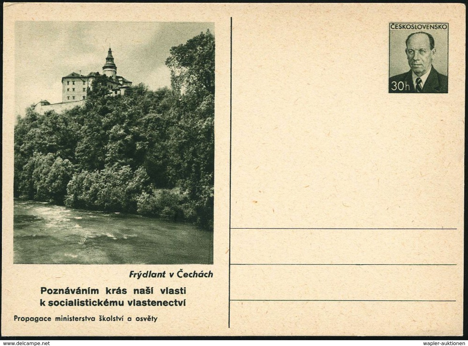 1953 TSCHECHOSLOWAKEI, 1,50 Kc. Bildganzsache Zapotocky: Schloß Frydlant (Friedland) Wallensteins Schloß, Ungebr. (Pofis - Other & Unclassified