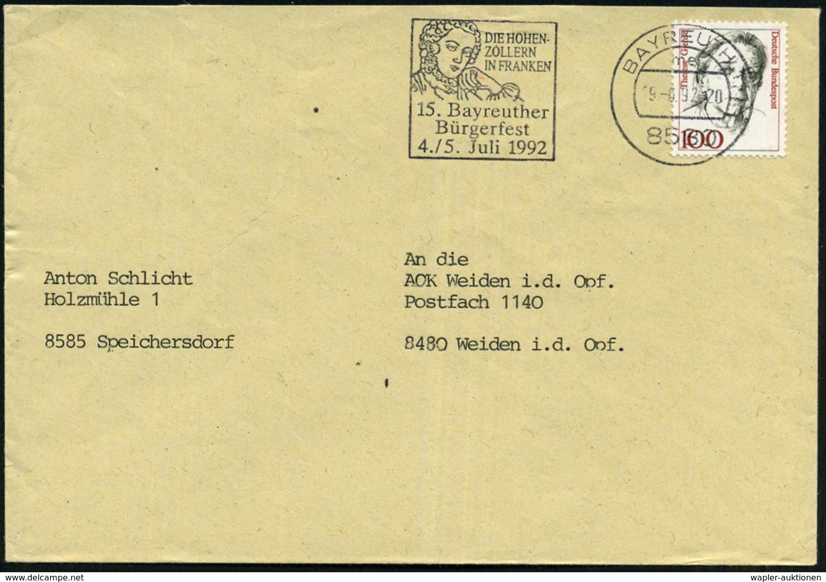 1992 8530 BAYREUTH 1, Maschinen-Werbestempel DIE HOHENZOLLERN IN FRANKEN; Bedarfsbrief - Preussen / Prussia / Prusse / P - Otros & Sin Clasificación