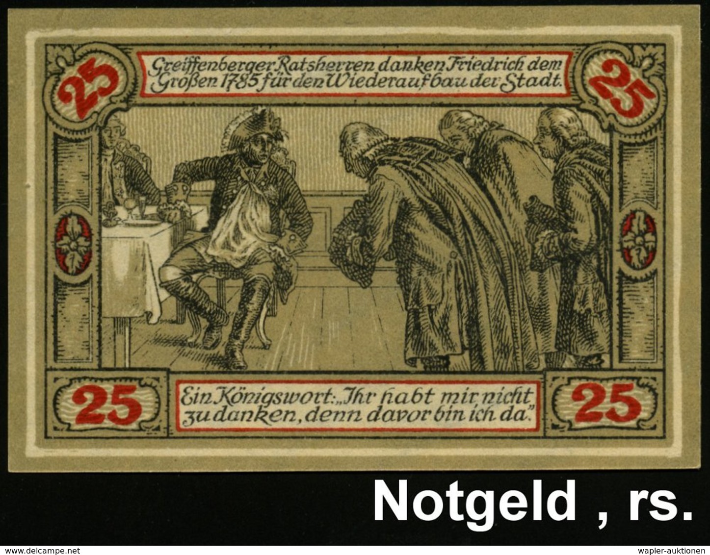 1920 Greiffenberg/ Schlesien, Inflation 25 Pf. Notgeldschein: Friedrich Der Große U. Ratsherren, Bankfrisch - Preussen / - Other & Unclassified