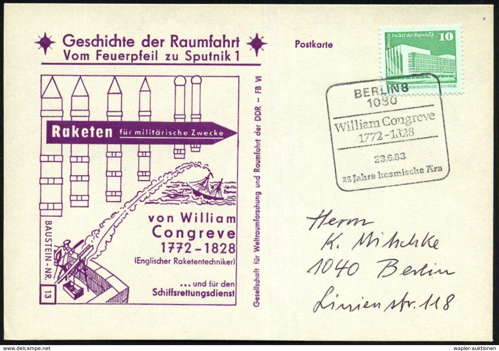 1983 (23.6.) 1080 BERLIN 8, Sonderstempel William Congreve = Erfolgreicher Raketen-Konstrukteur In Den Napoleonischen Kr - Other & Unclassified