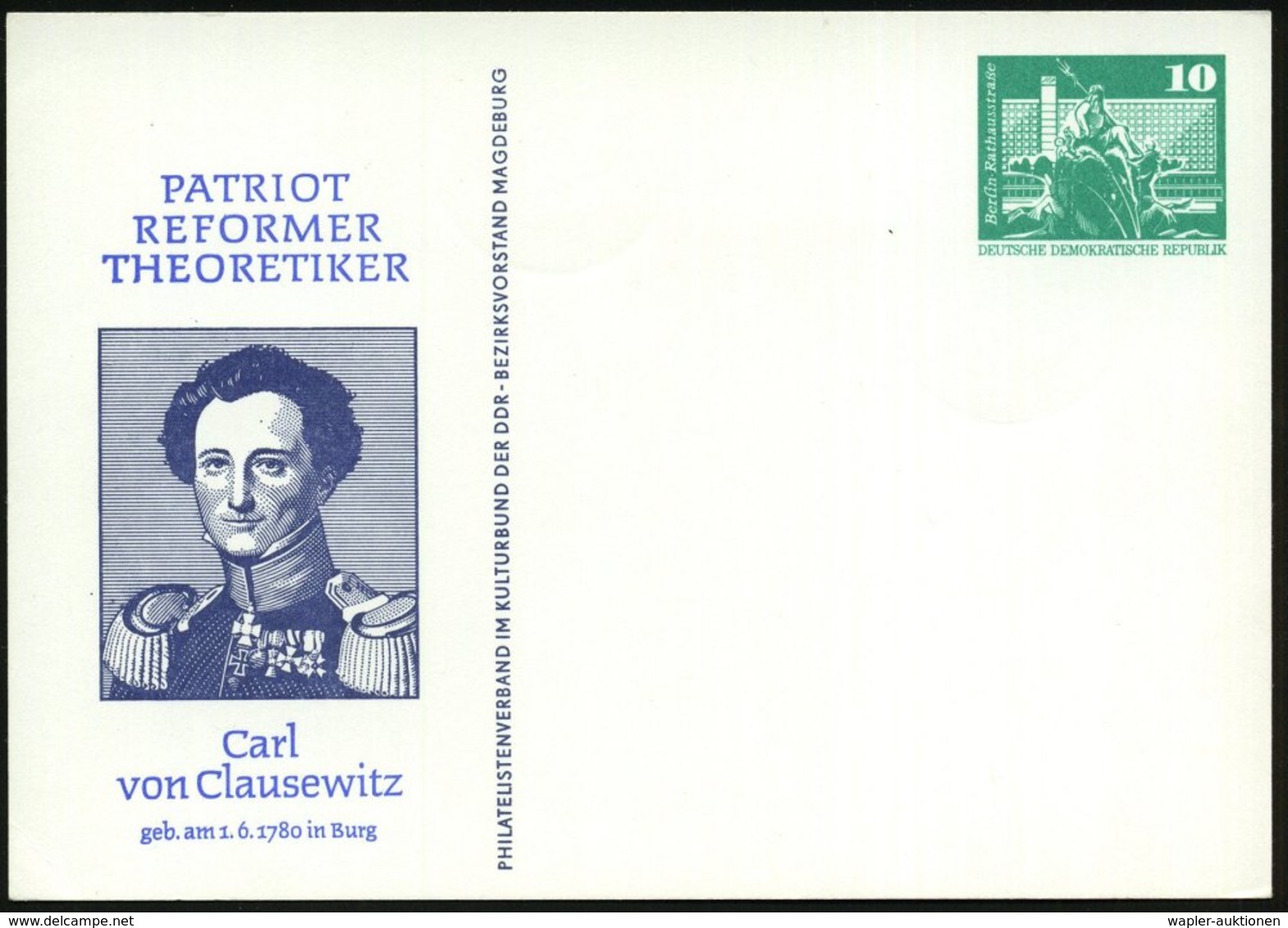 1980 Burg, PP 10 Pf. Neptunbrunnen: Carl V. Clausewitz (Brustbild Mit Orden) Militärreformer U. Autor, Ungebr. (Mi.PP 15 - Other & Unclassified