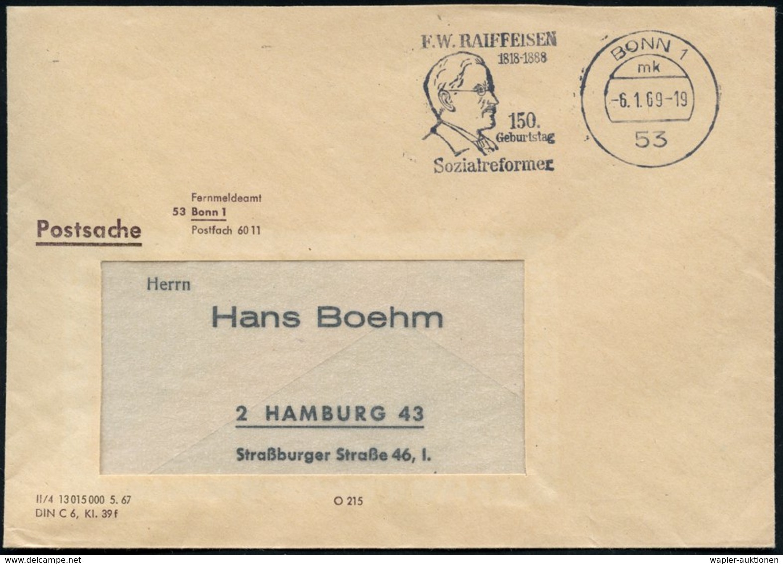 1969 (6.1.) 53 BONN 1, Maschinen-Werbestempel F. W. Raiffeisen (1818-1888, Sozialreformer) Gründer Der Raiffeisen-Genoss - Other & Unclassified