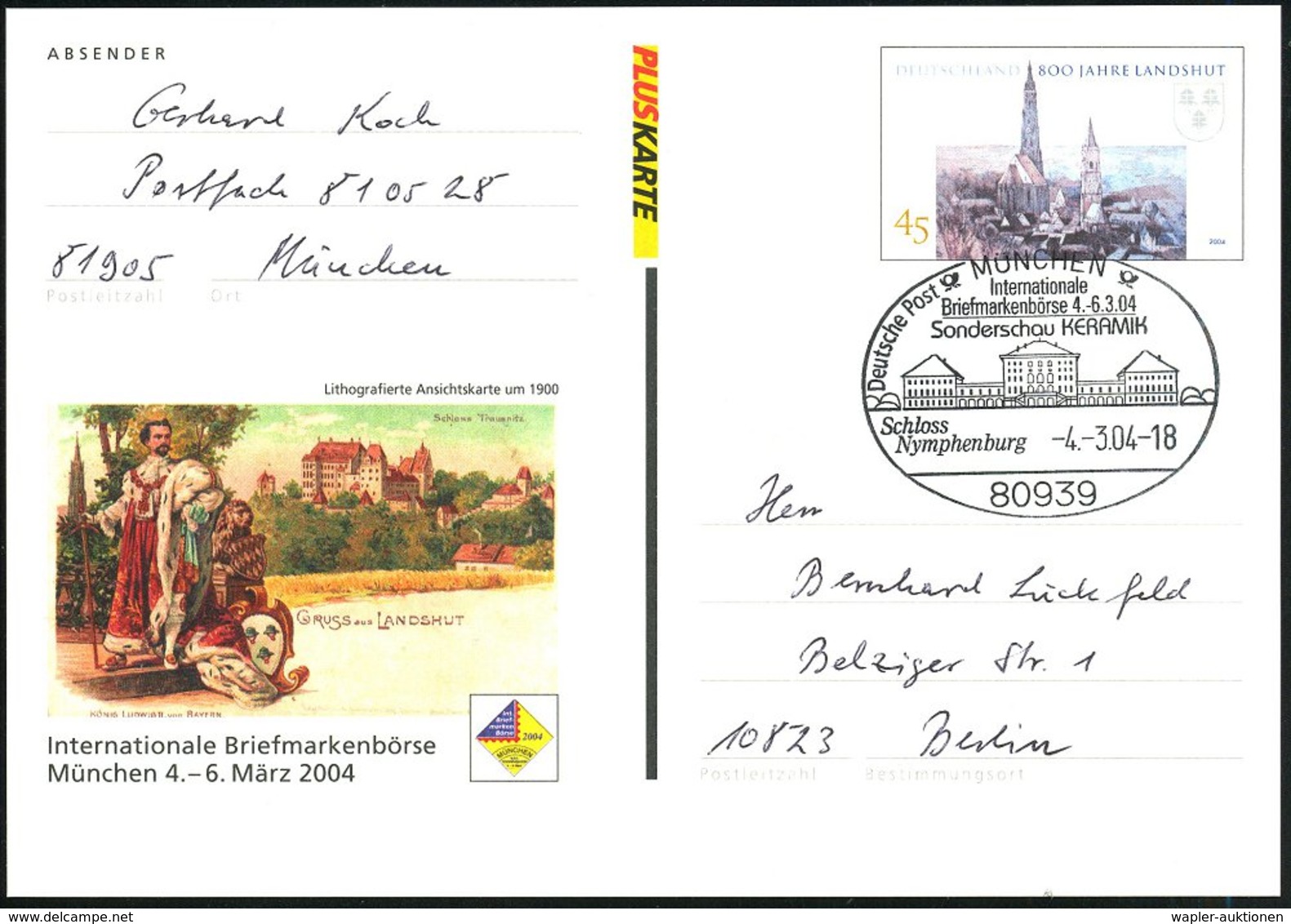 2004 (4.3.) 8000 MÜNCHEN, 45 C. Sonder-Ganzsache Ludwig II. (König Von Bayern 1845-1886) + Passender Sonderstempel Schlo - Other & Unclassified