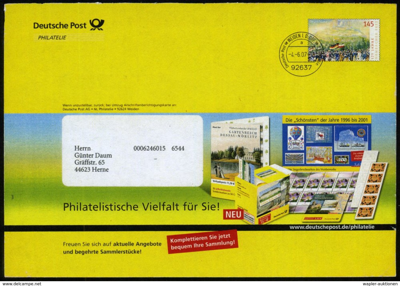 2007 (4.6.) 92637 WEIDEN, 145 C. Postdienst-Ganzsachen-Umschlag "Hambacher Fest" + Buchdruckstempel (= Versandstelle, Fo - Other & Unclassified