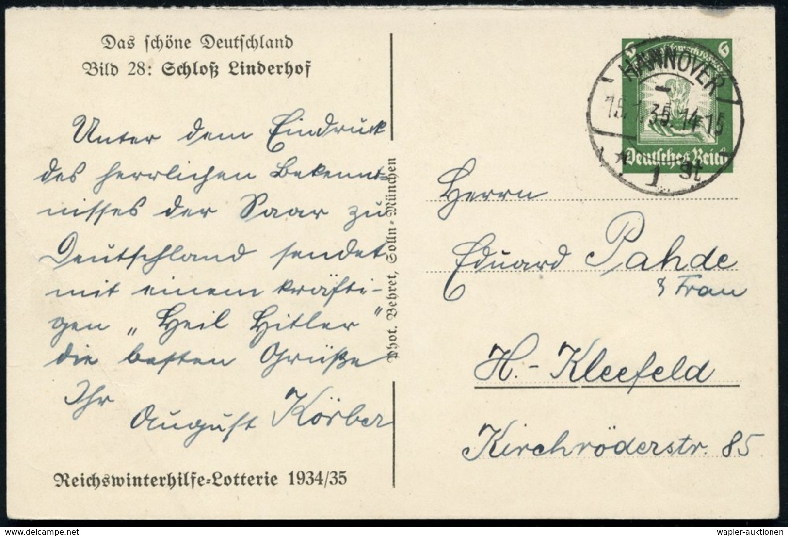1935 DEUTSCHES REICH, 6 Pf. Bildganzsache WHW-Lotterie: Schloß Linderhof (= Schloß Ludwigs II.) Gest. HANNOVER, Bedarfsk - Other & Unclassified
