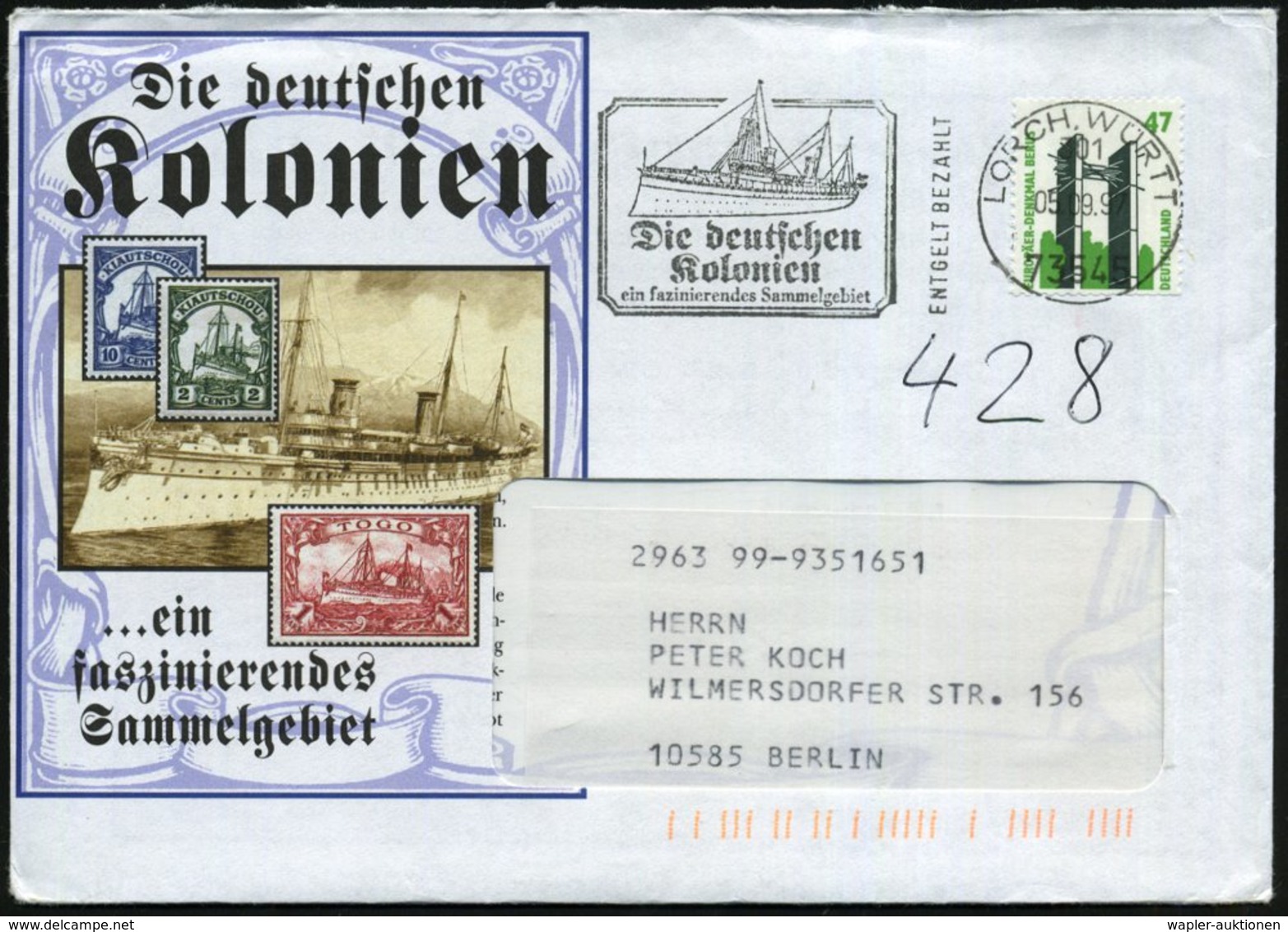 1997 73545 LORCH, Absenderstempel (= Vorausentwertung) "Die Deutschen Kolonien" (Fa. Sieger) = Kaiser-Yacht "Hohenzoller - Other & Unclassified