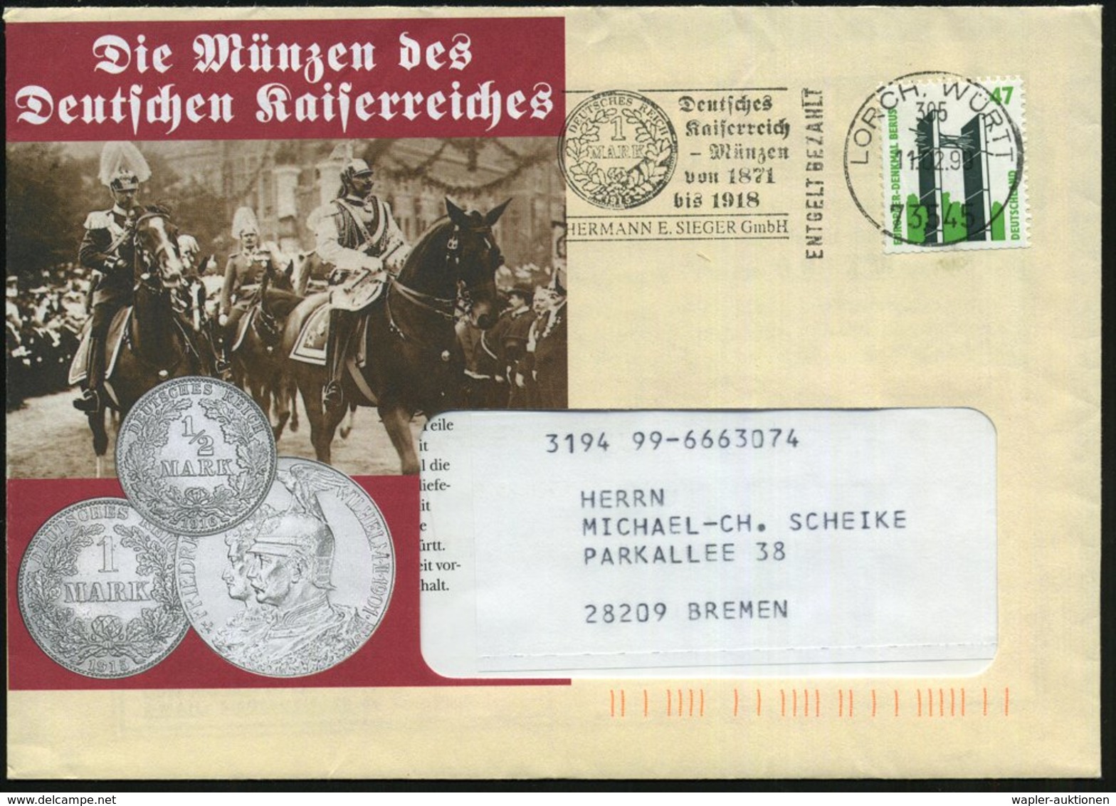 1999 73545 LORCH, Absenderstempel (= Vorausentwertung) "Münzen Deutsches Kaiserreich" (Fa. Sieger) = Münze 1.- Reichsmar - Other & Unclassified