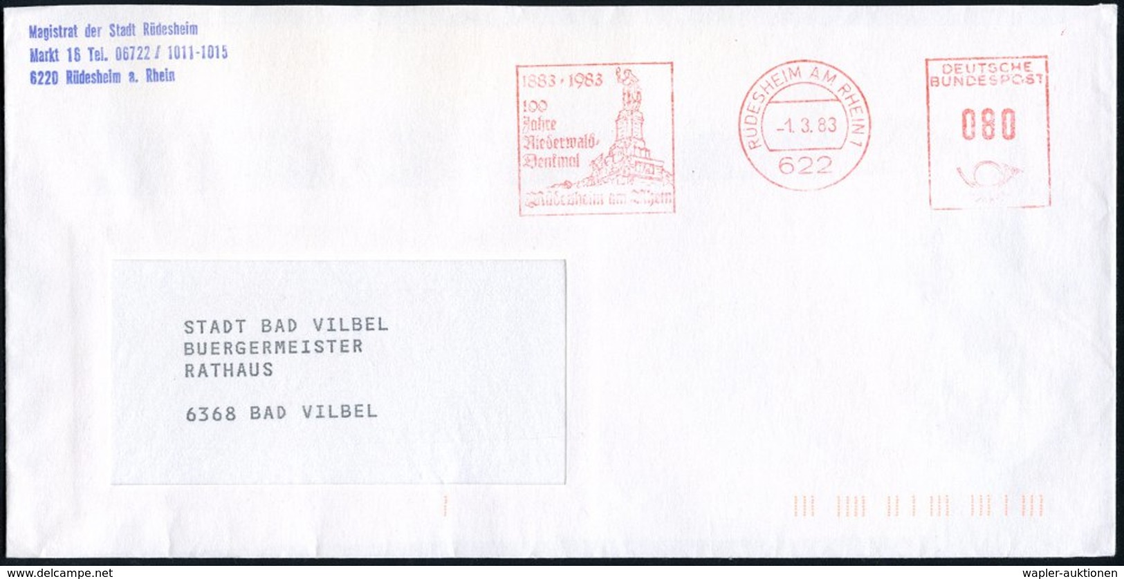 1983 622 RÜDESHEIM 1, Kommunaler Absender-Freistempel "100 Jahre Niederwald-Denkmal" (1883-1983 ) Germania), Kommunalbri - Other & Unclassified