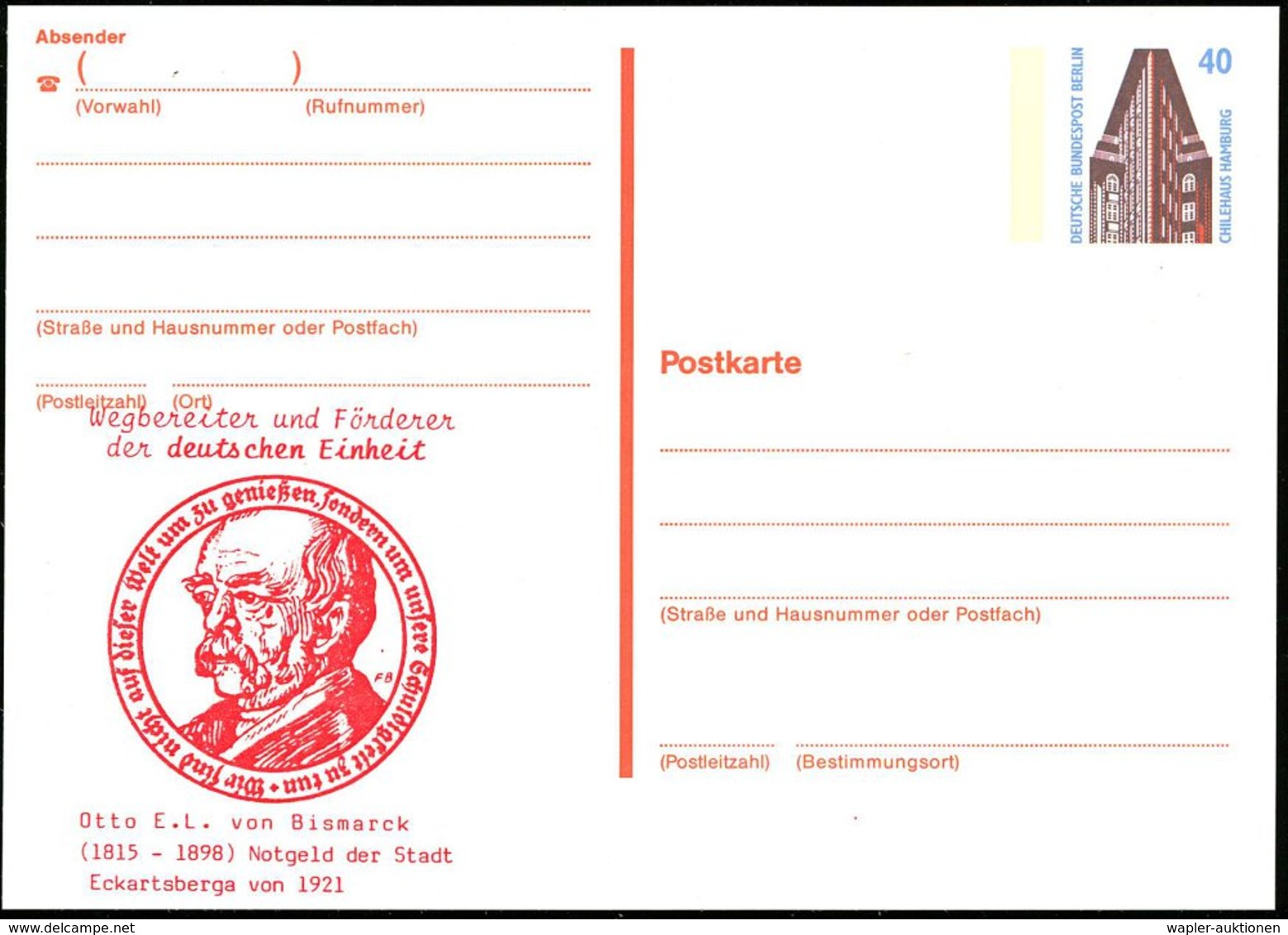 1990 BERLIN, 40 Pf. Amtl. Orts-Ganzsache Chilehaus + Zudruck: Otto V. Bismarck, Ungebr. (Mi.PZD 129) - Geschichte 1871 - - Sonstige & Ohne Zuordnung