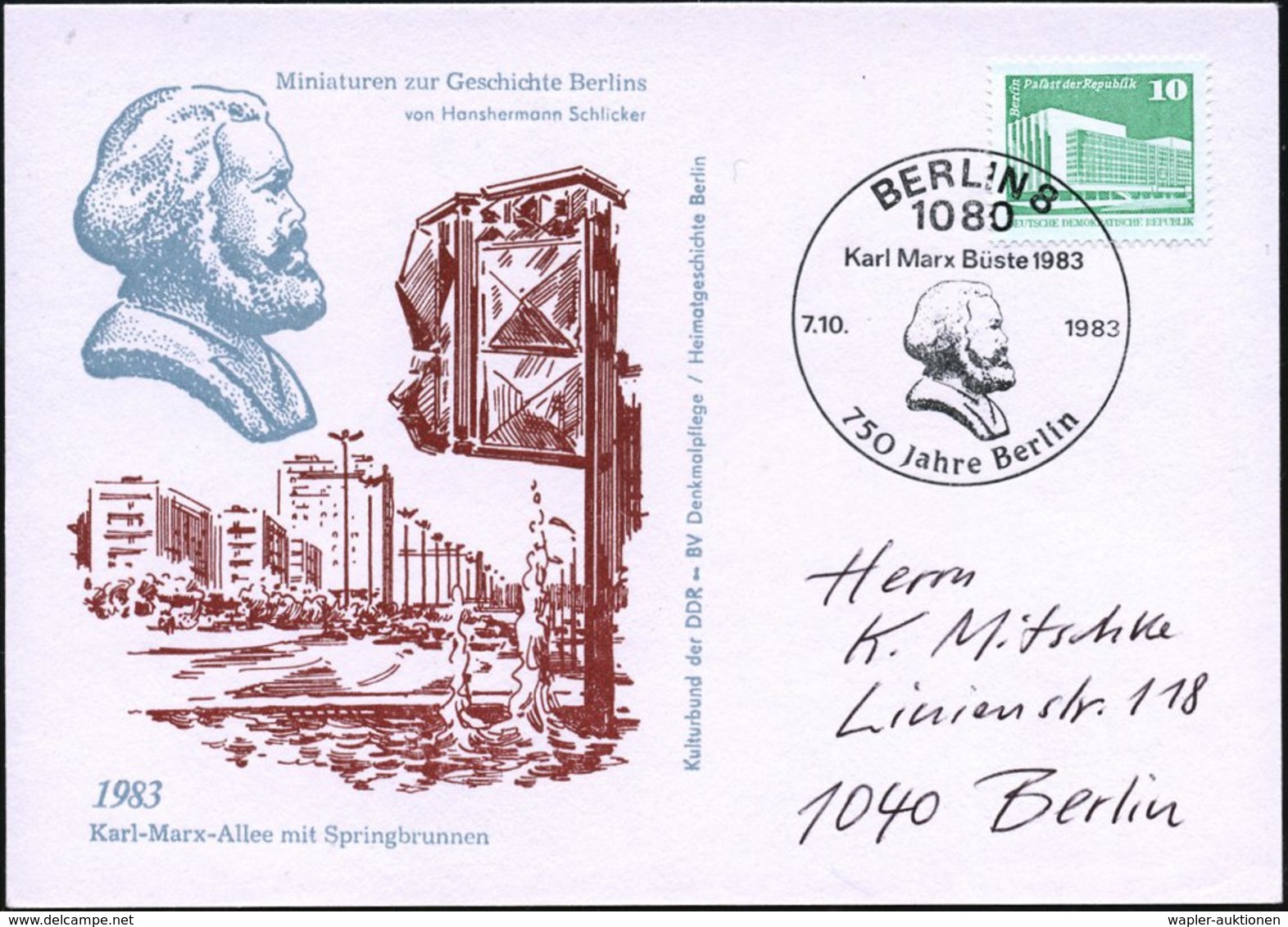 1983 (7.10.) 1080 BERLIN 8, Sonderstempel Karl Marx Auf Motivgleicher Sonderkarte: Karl-Marx-Allee - Karl Marx & Arbeite - Other & Unclassified